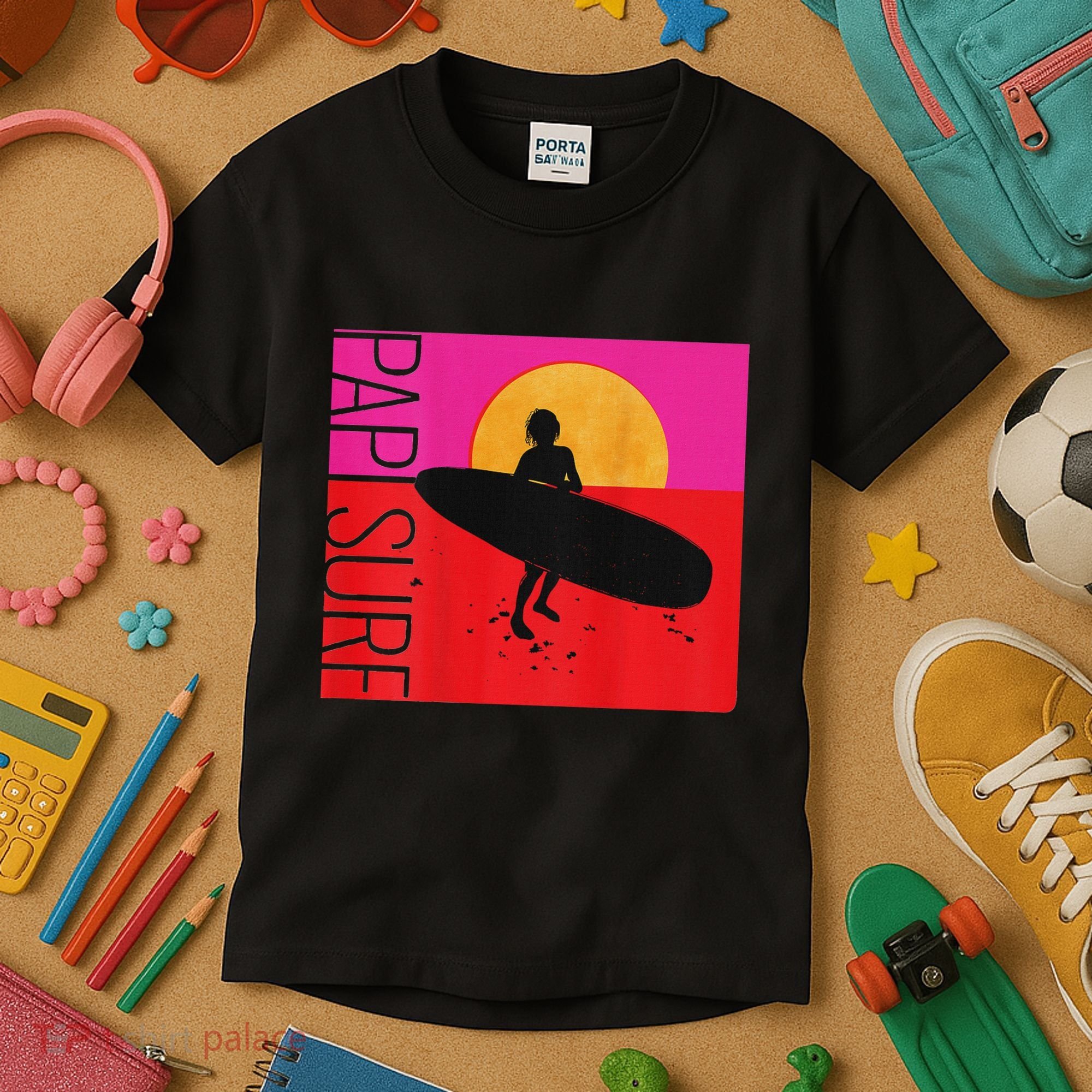 Papi Surf Sunset Surfboard Kids T-Shirt