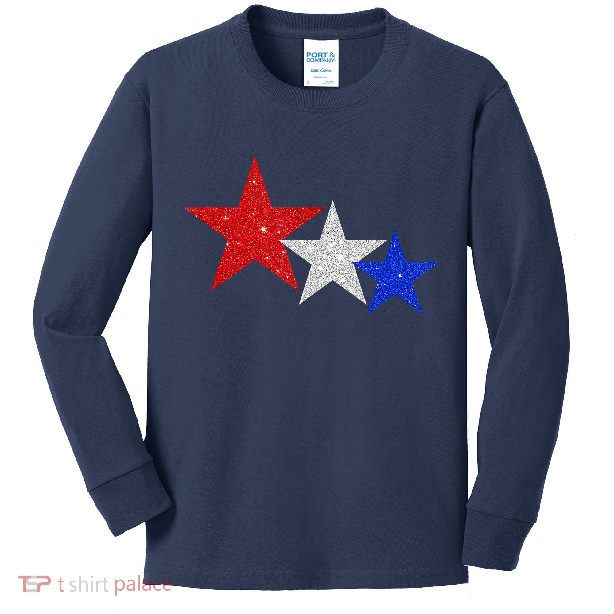 Patriotic Stars Sparkle Red White Blue American 4th Of July Kids Long Sleeve Shirt