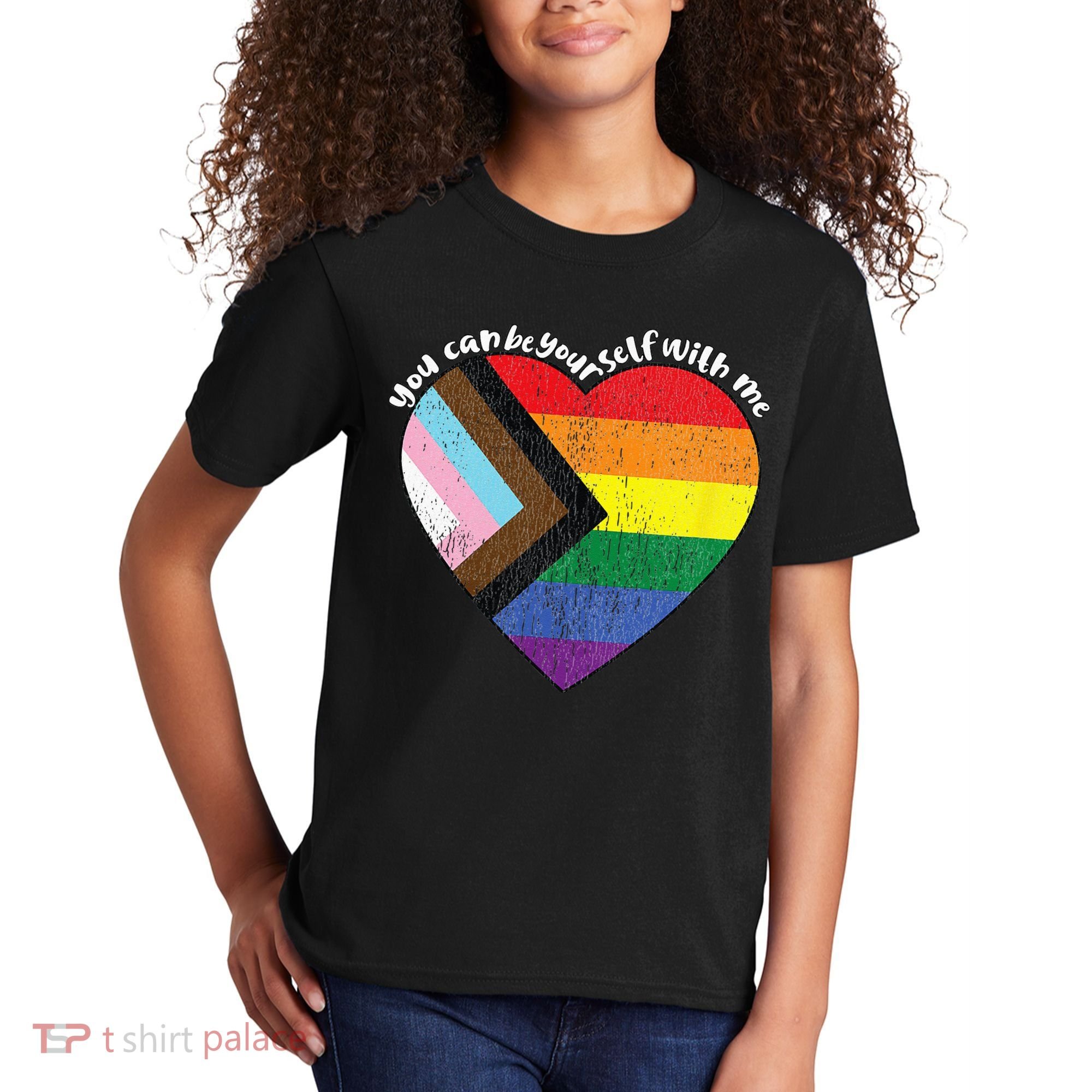 Pride Safe Space Heart LGBTQ+ You Can Be Yourself With Me Kids T-Shirt