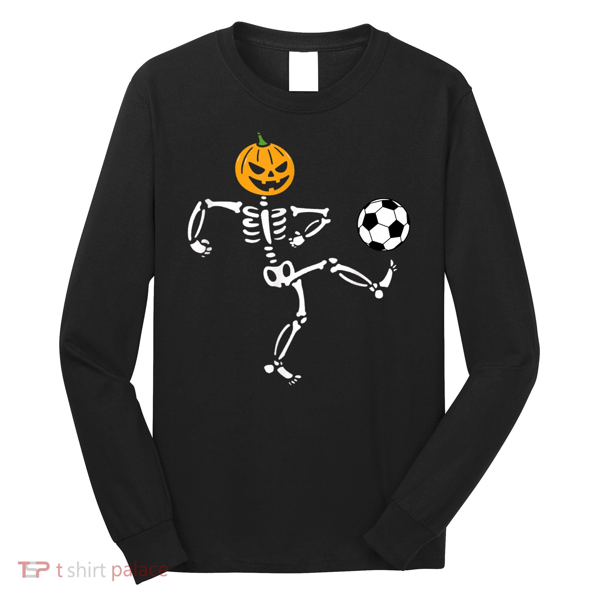 Pumpkin Skeleton Soccer Player Halloween Soccer Long Sleeve Shirt