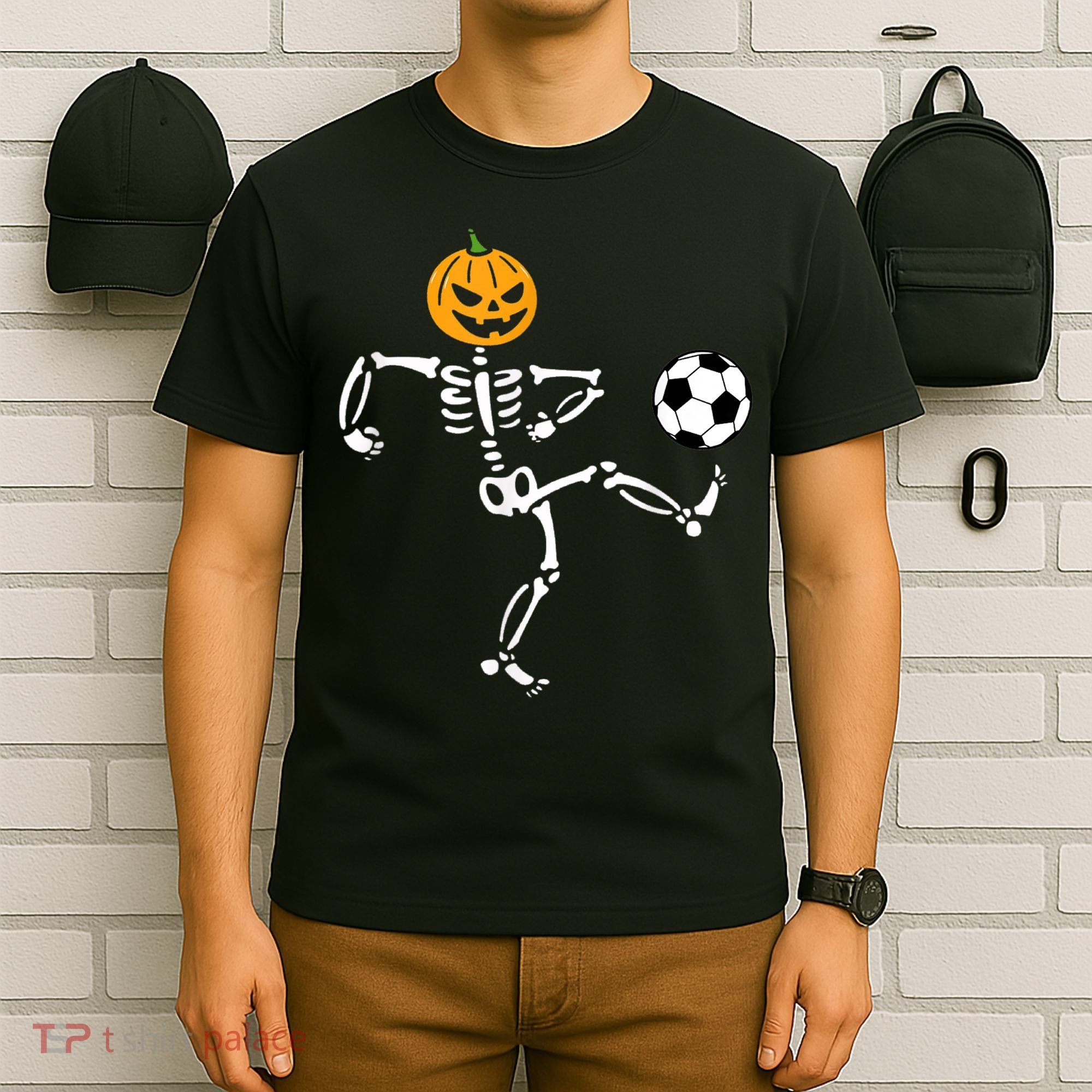 Pumpkin Skeleton Soccer Player Halloween Soccer T-Shirt