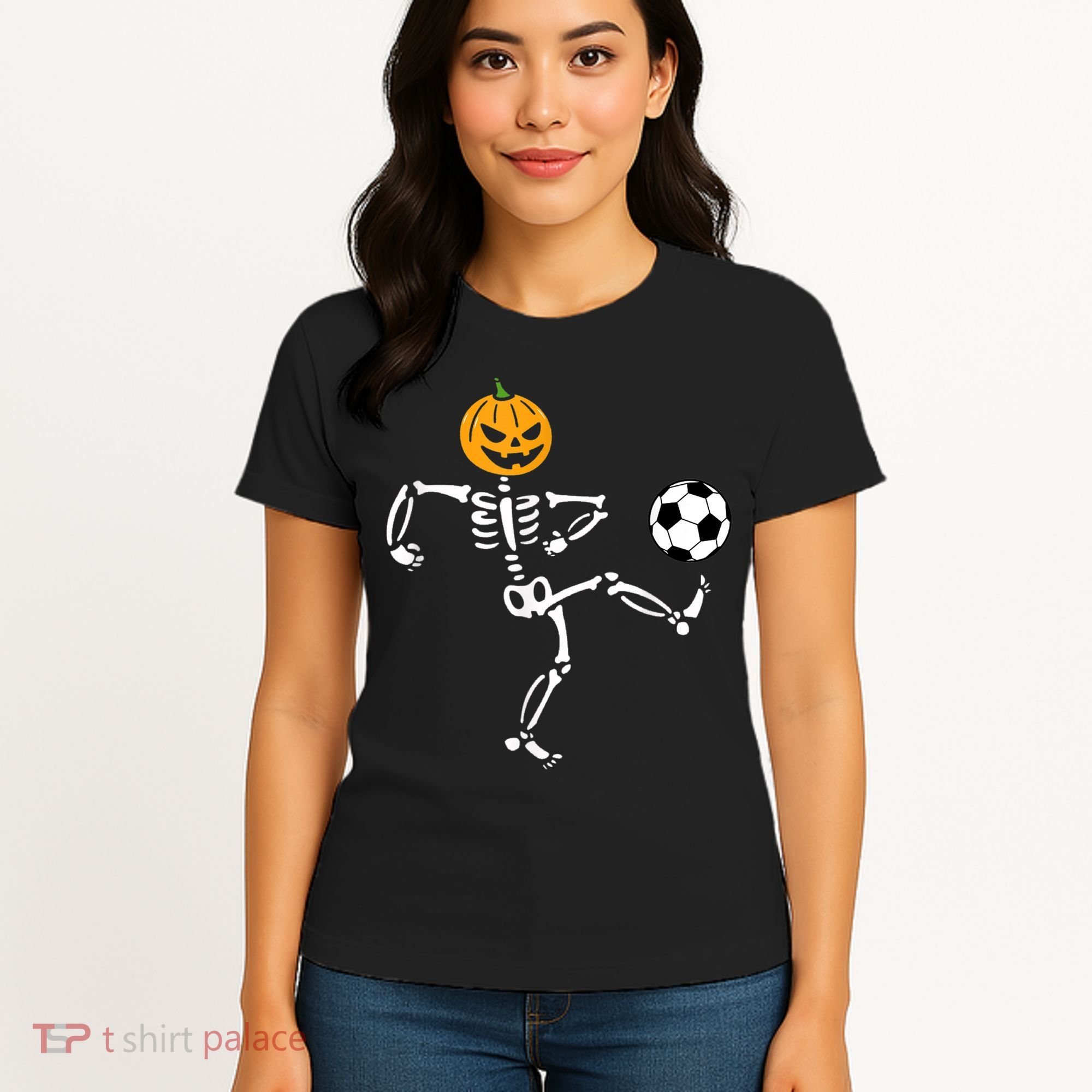 Pumpkin Skeleton Soccer Player Halloween Soccer Women's T-Shirt
