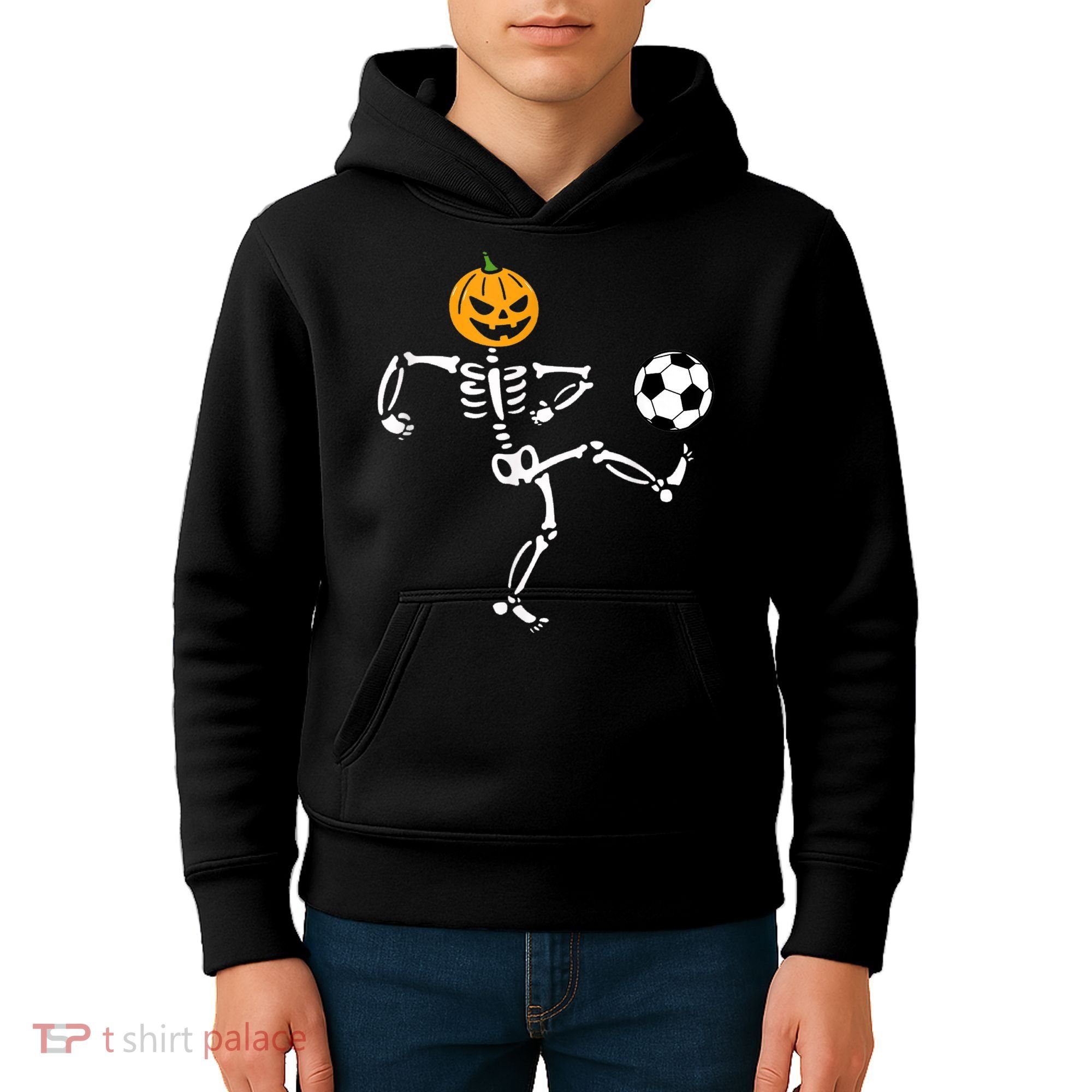 Pumpkin Skeleton Soccer Player Halloween Soccer Kids Hoodie