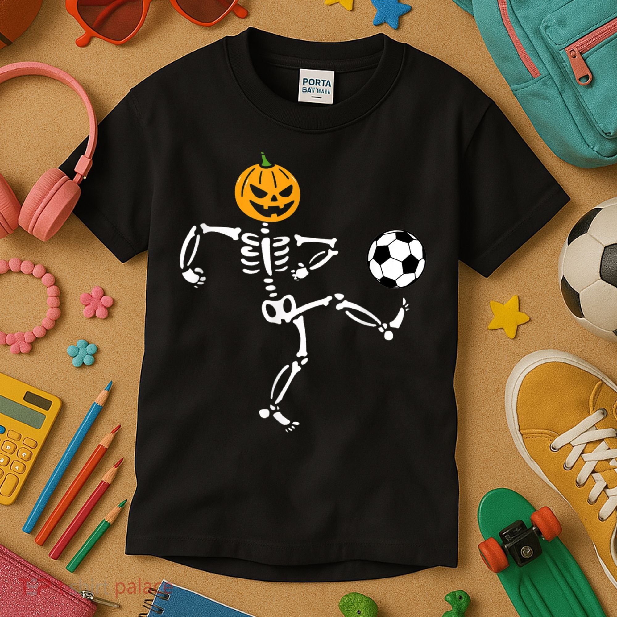 Pumpkin Skeleton Soccer Player Halloween Soccer Kids T-Shirt