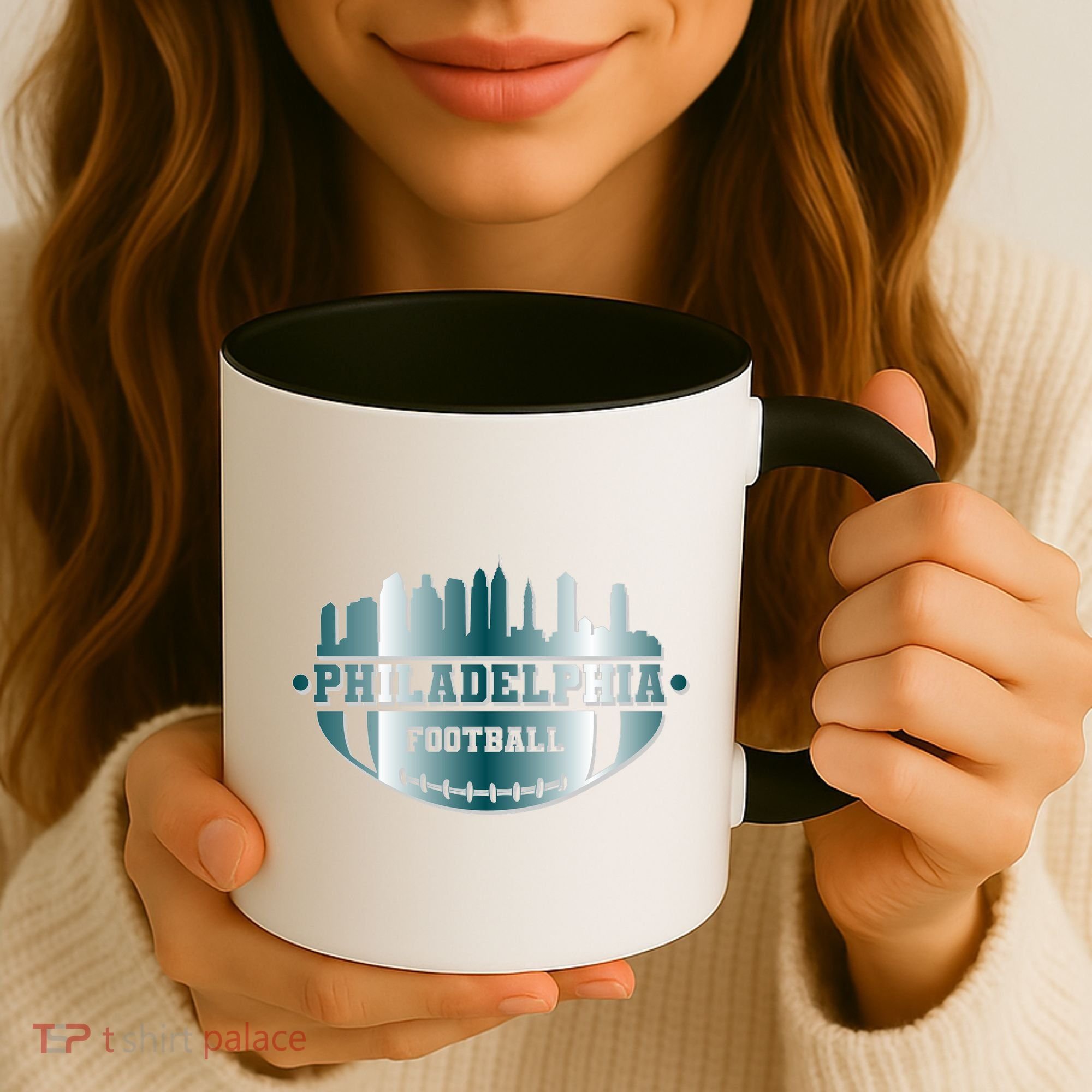 Philadelphia Skyline Shaped Into Football Coffee Mug