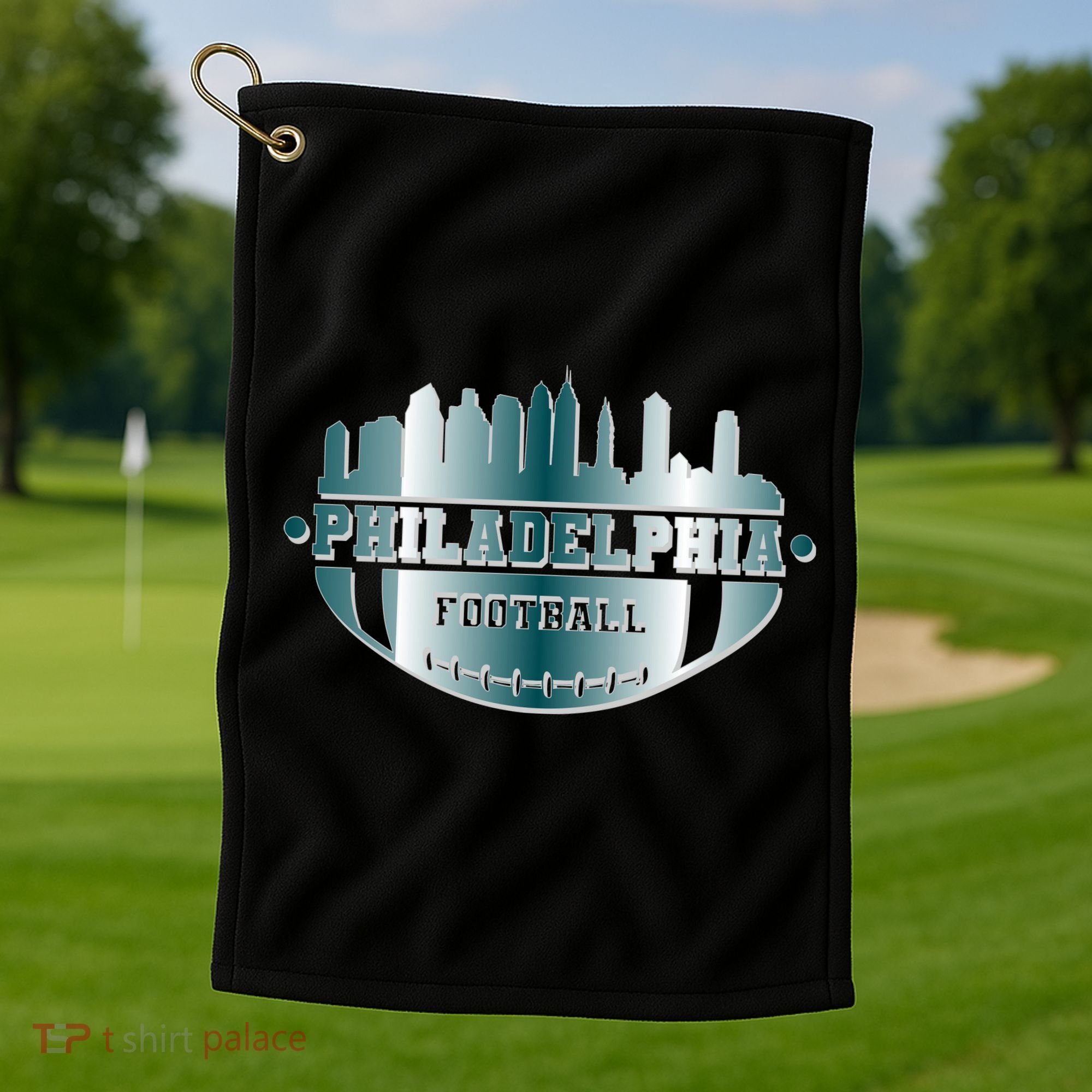 Philadelphia Skyline Shaped Into Football Golf Towel