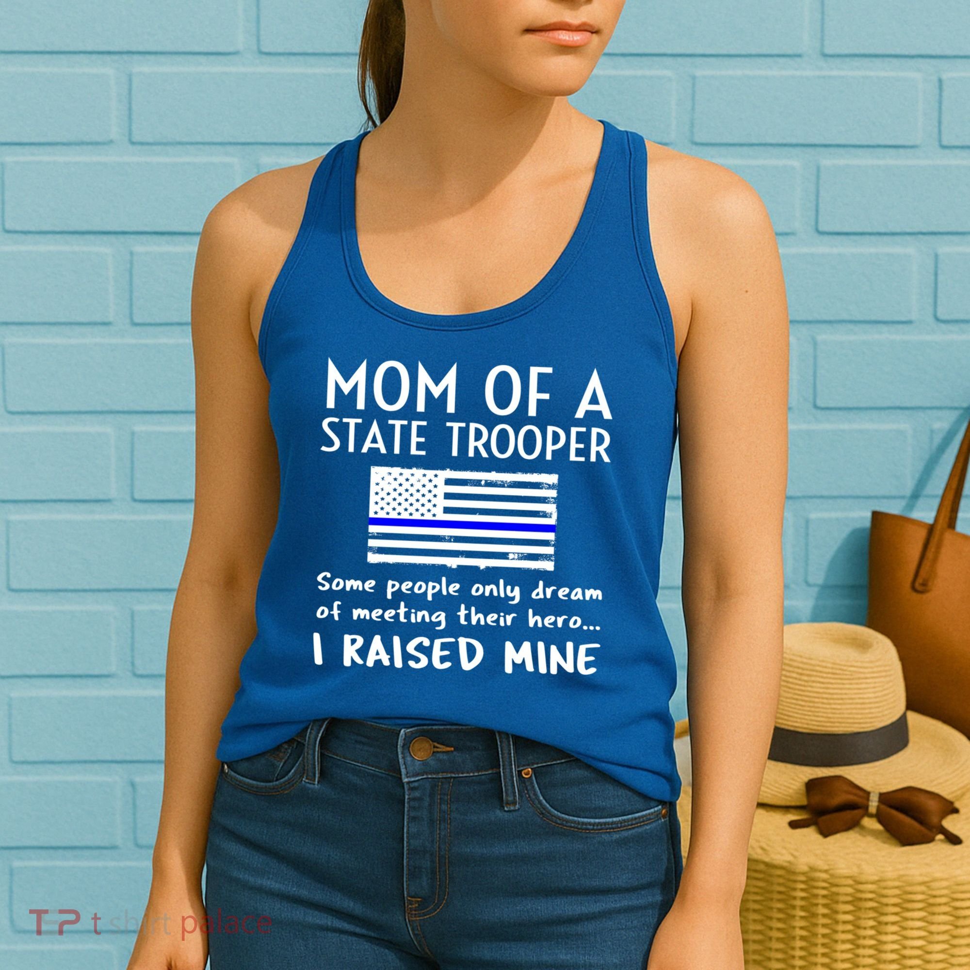 Proud State Trooper Mom Mother Thin Blue Line American Flag Cool Gift Women's Tank Top
