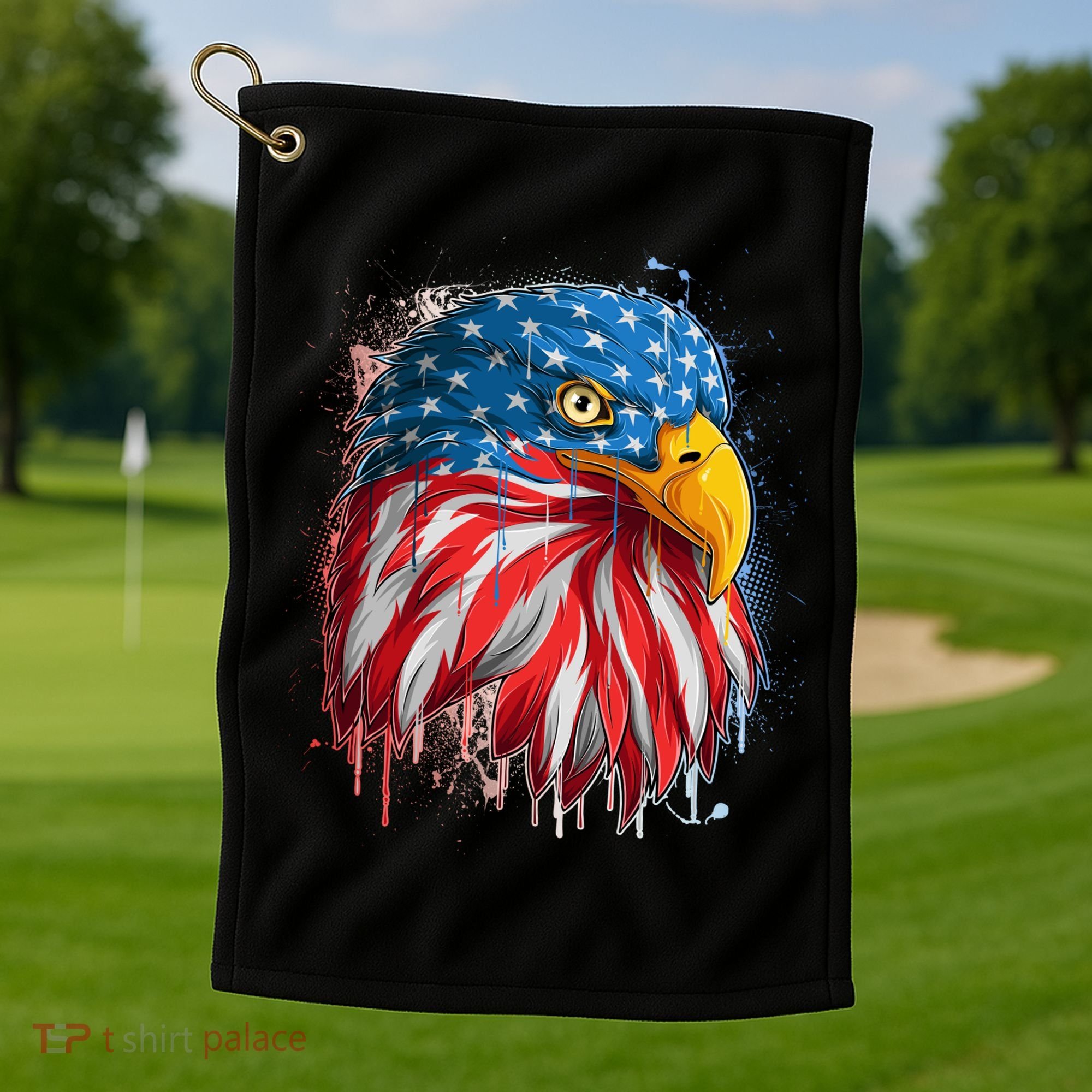 Paint Splatter USA American Flag Eagle Head Golf Towel