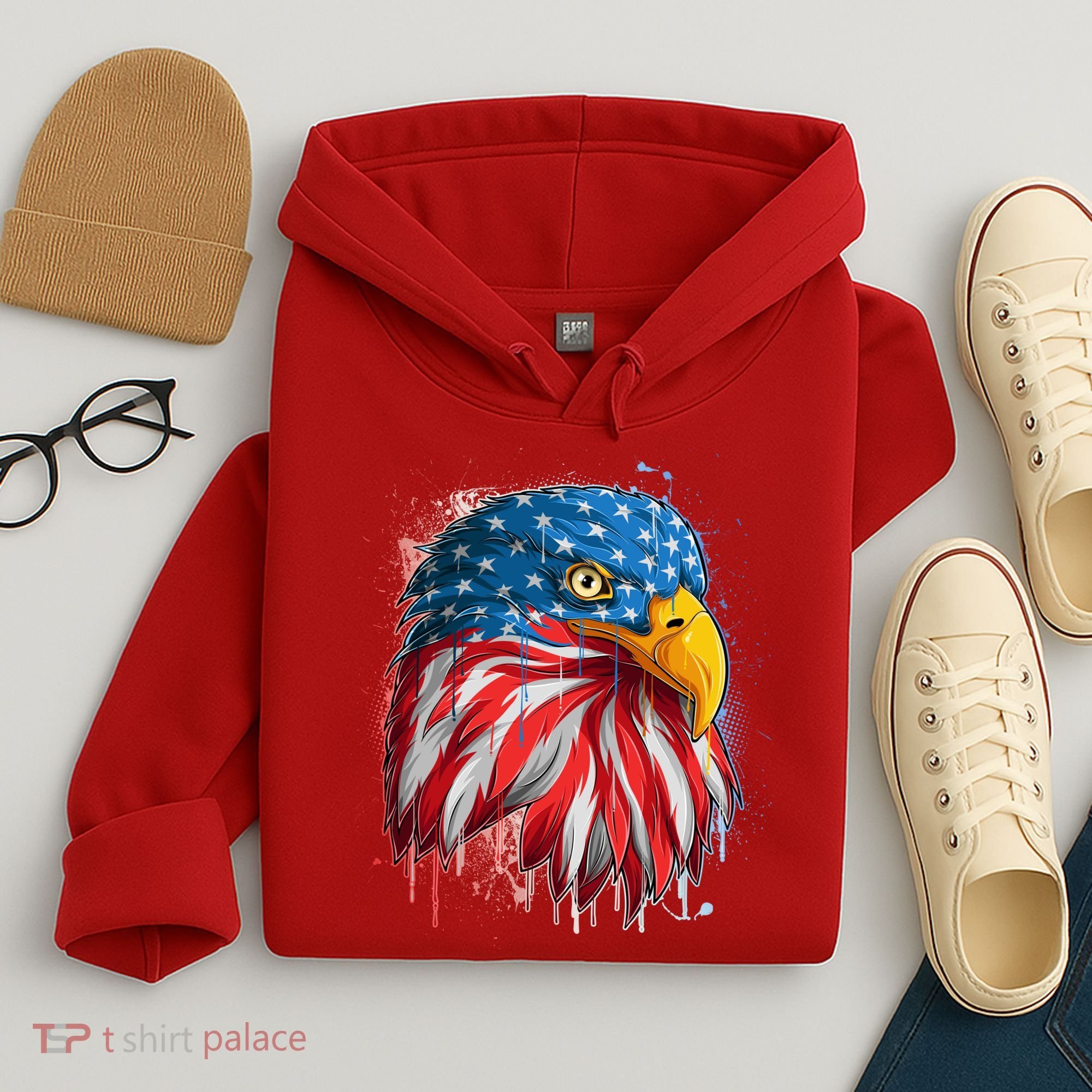Paint Splatter USA American Flag Eagle Head Hoodie