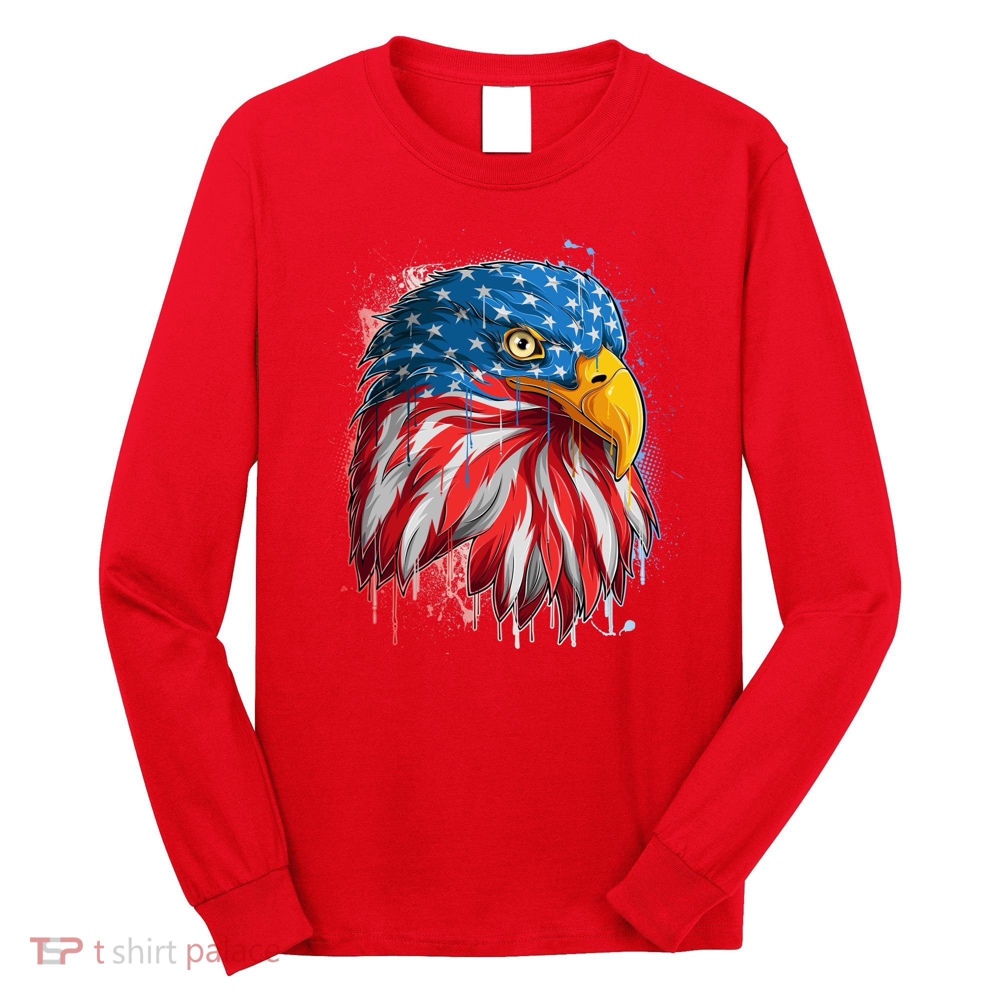 Paint Splatter USA American Flag Eagle Head Long Sleeve Shirt