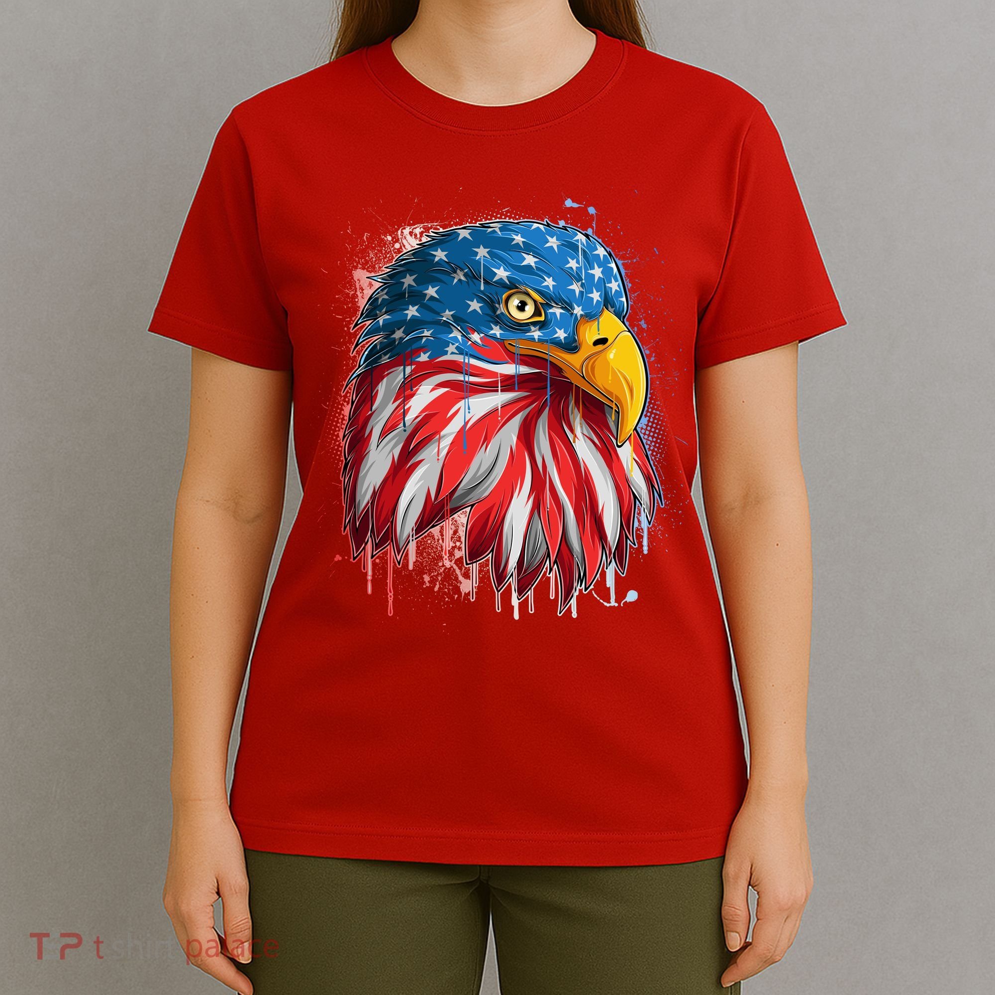 Paint Splatter USA American Flag Eagle Head T-Shirt