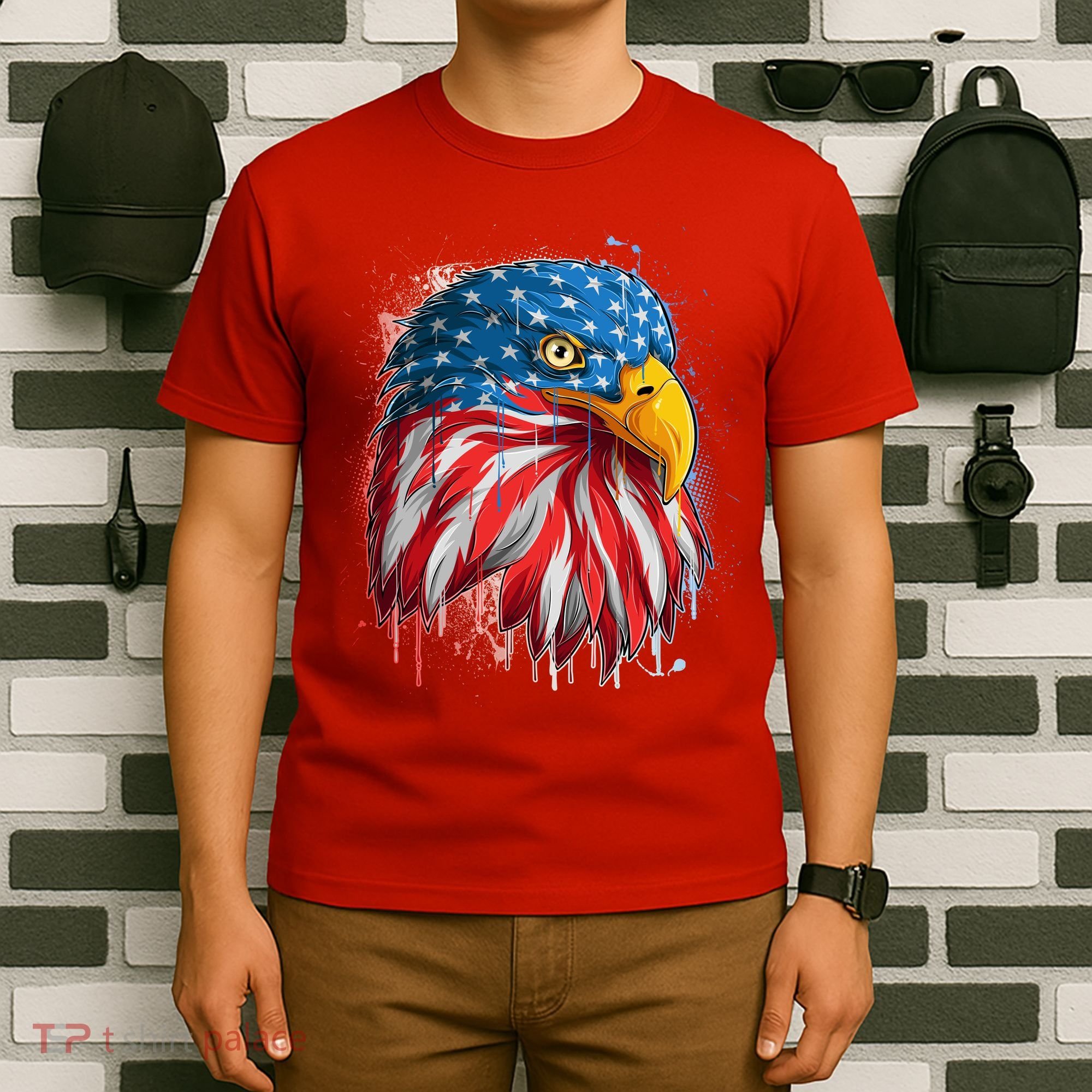 Paint Splatter USA American Flag Eagle Head T-Shirt