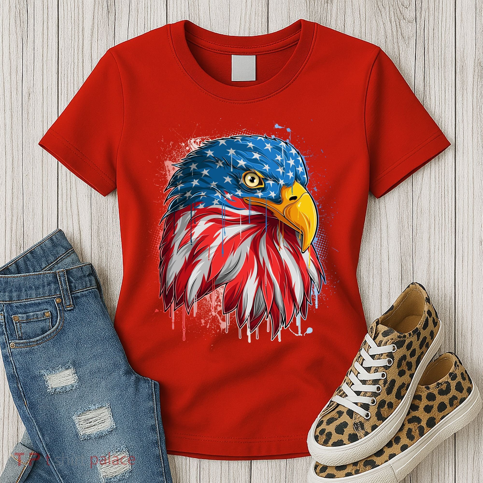 Paint Splatter USA American Flag Eagle Head Women's T-Shirt
