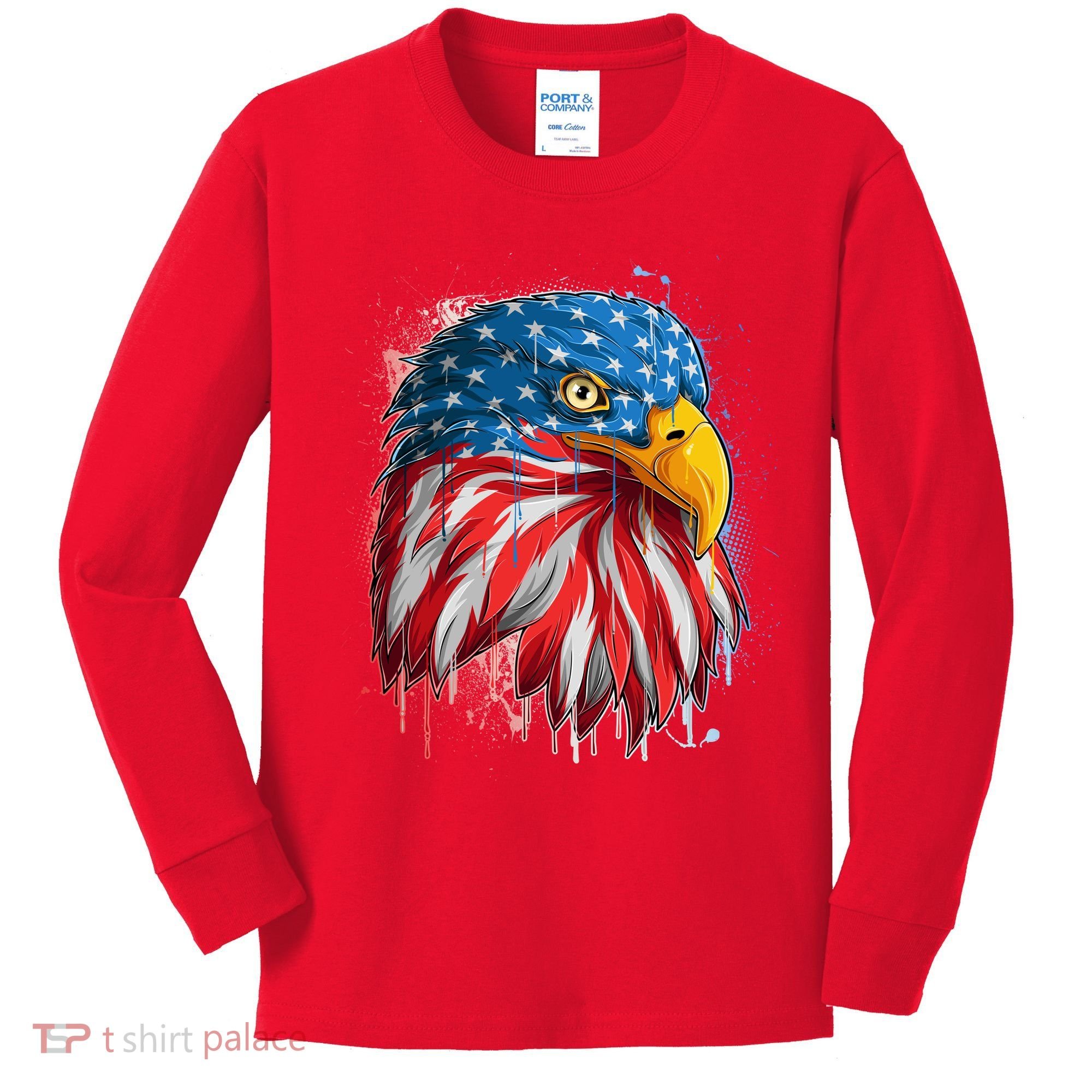 Paint Splatter USA American Flag Eagle Head Kids Long Sleeve Shirt