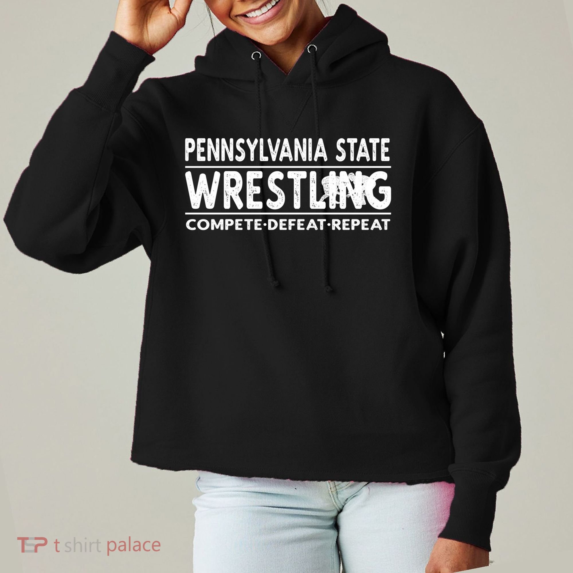 Pennsylvania State Wrestling Compete Defeat Repeat Gift Ladies Heavyweight Boxy Pullover Hoodie