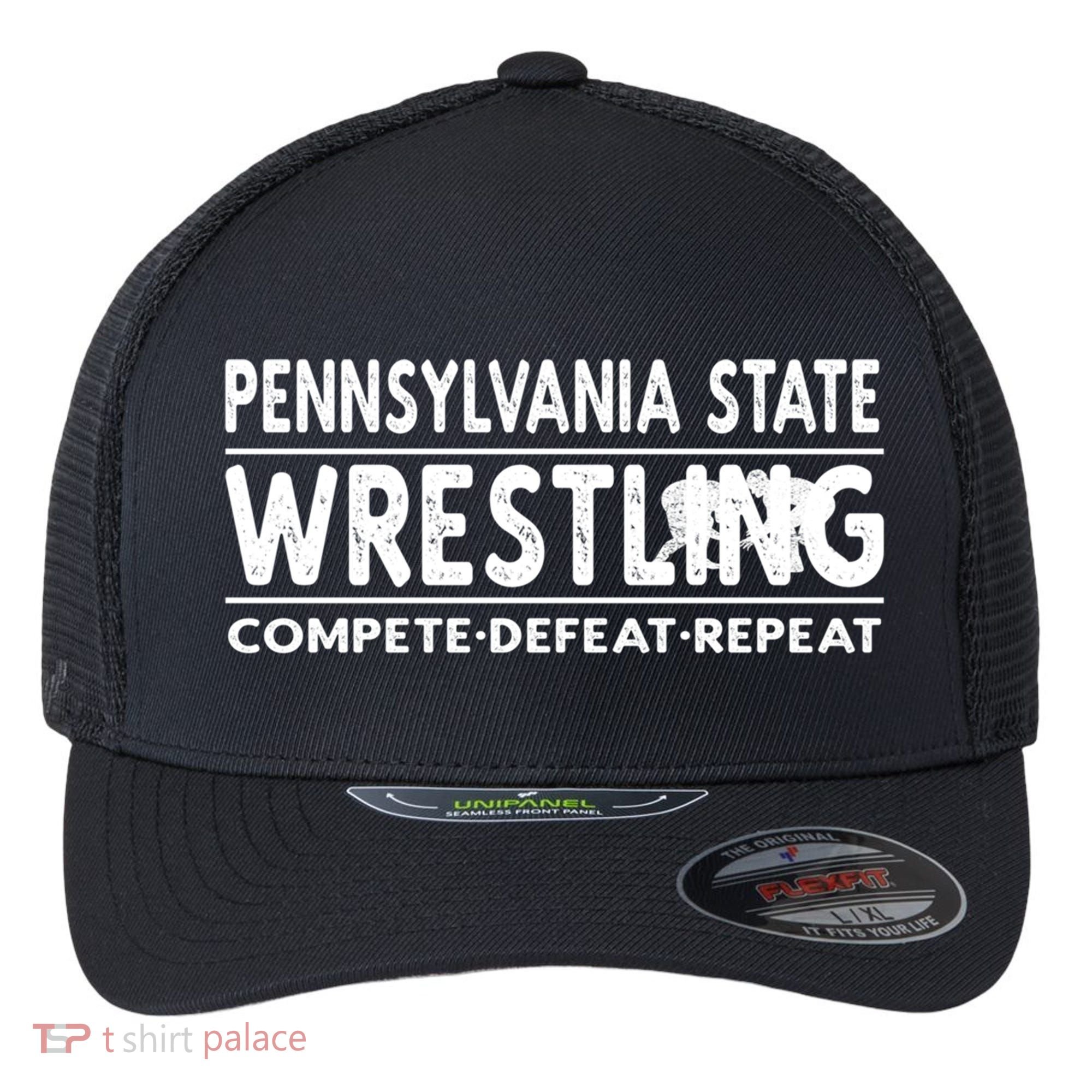 Pennsylvania State Wrestling Compete Defeat Repeat Gift Flexfit Unipanel Trucker Cap