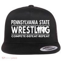 Pennsylvania State Wrestling Compete Defeat Repeat Gift Flat Bill Trucker Hat thumb 0