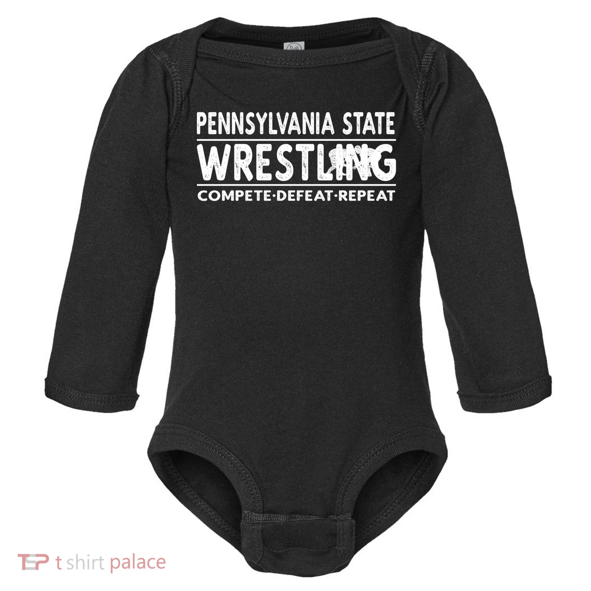 Pennsylvania State Wrestling Compete Defeat Repeat Gift Baby Long Sleeve Bodysuit