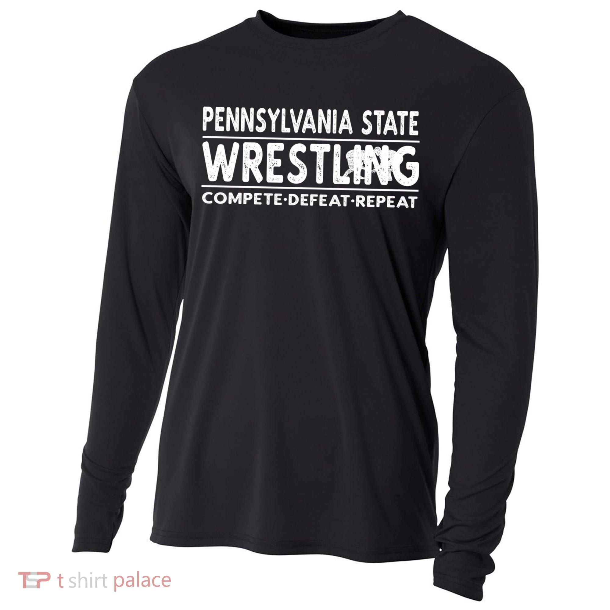 Pennsylvania State Wrestling Compete Defeat Repeat Gift Cooling Performance Long Sleeve Crew