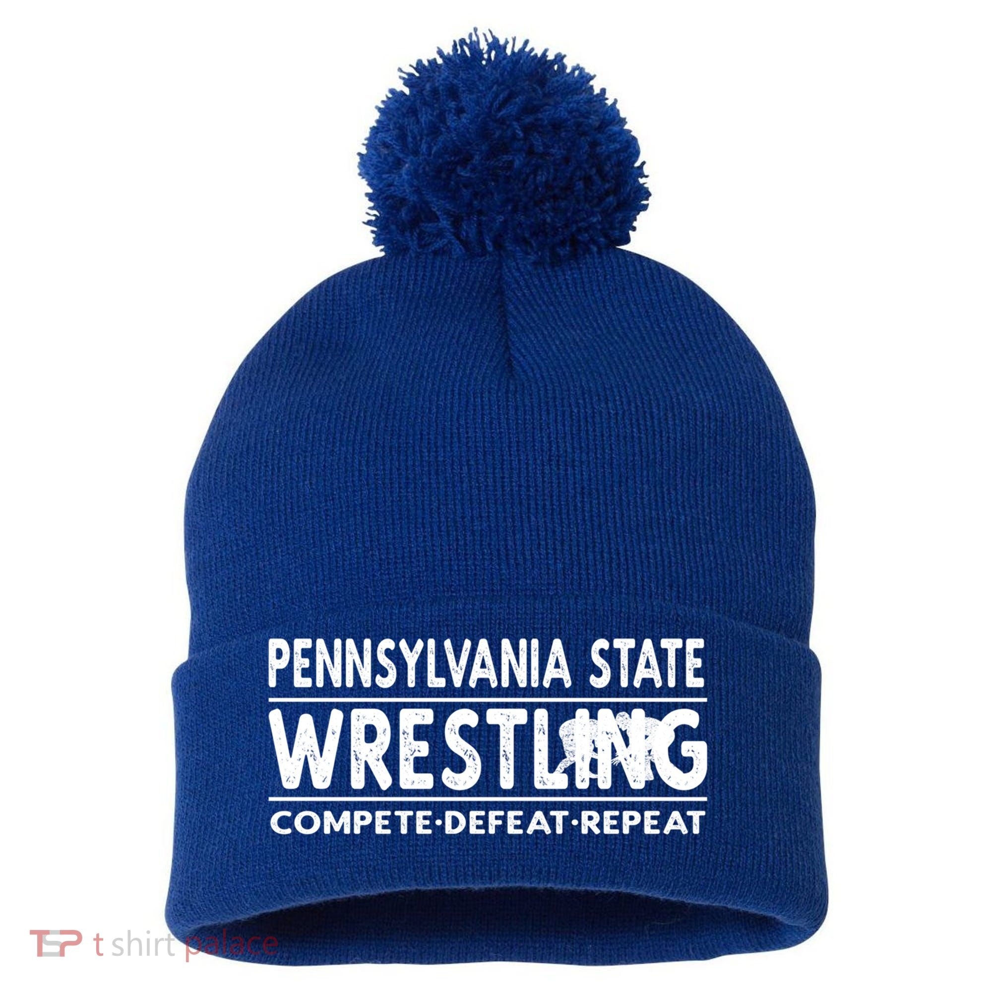 Pennsylvania State Wrestling Compete Defeat Repeat Gift Pom Pom 12in Knit Beanie