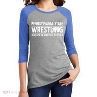 Pennsylvania State Wrestling Compete Defeat Repeat Gift Women's Tri-Blend 3/4-Sleeve Raglan Shirt thumb 2