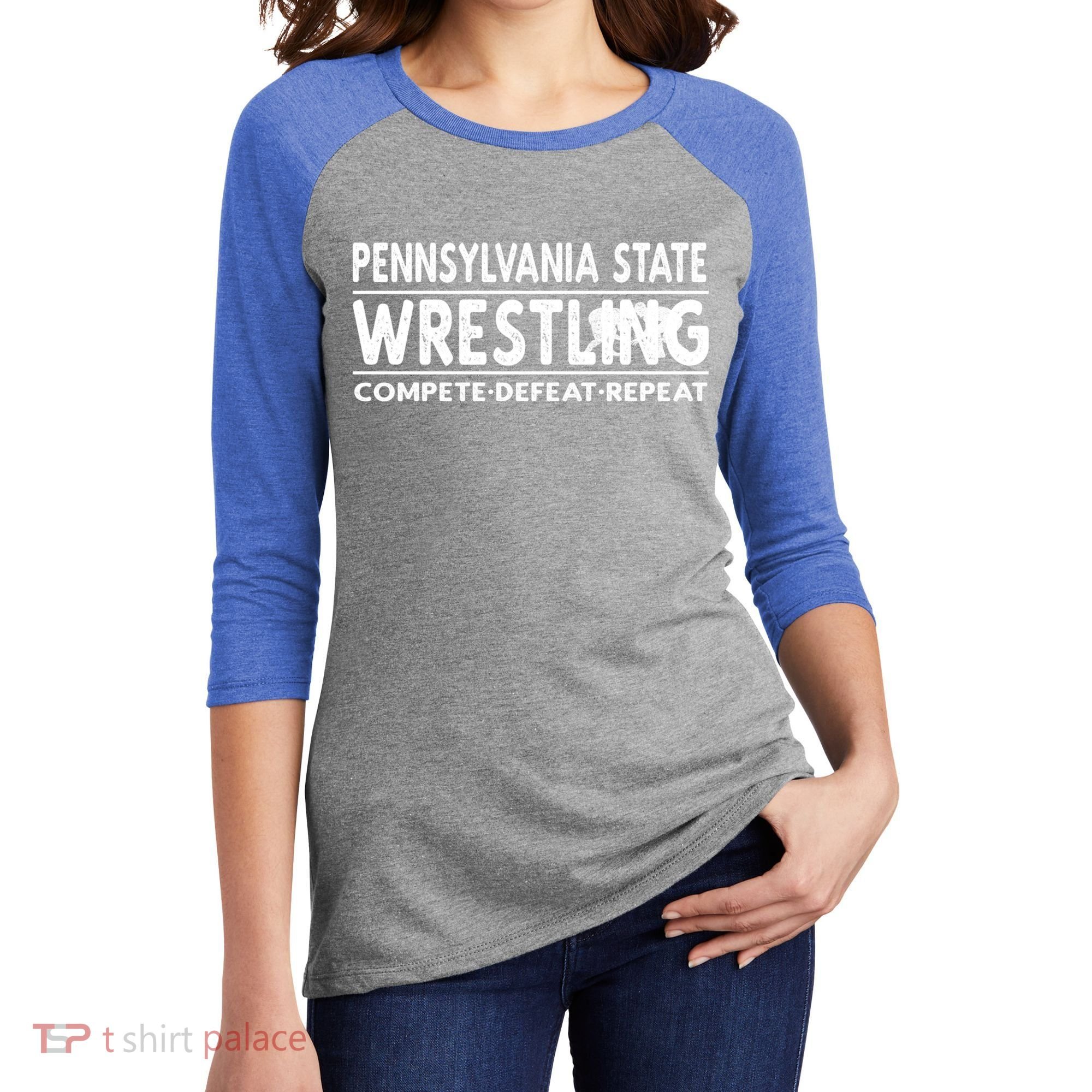Pennsylvania State Wrestling Compete Defeat Repeat Gift Women's Tri-Blend 3/4-Sleeve Raglan Shirt