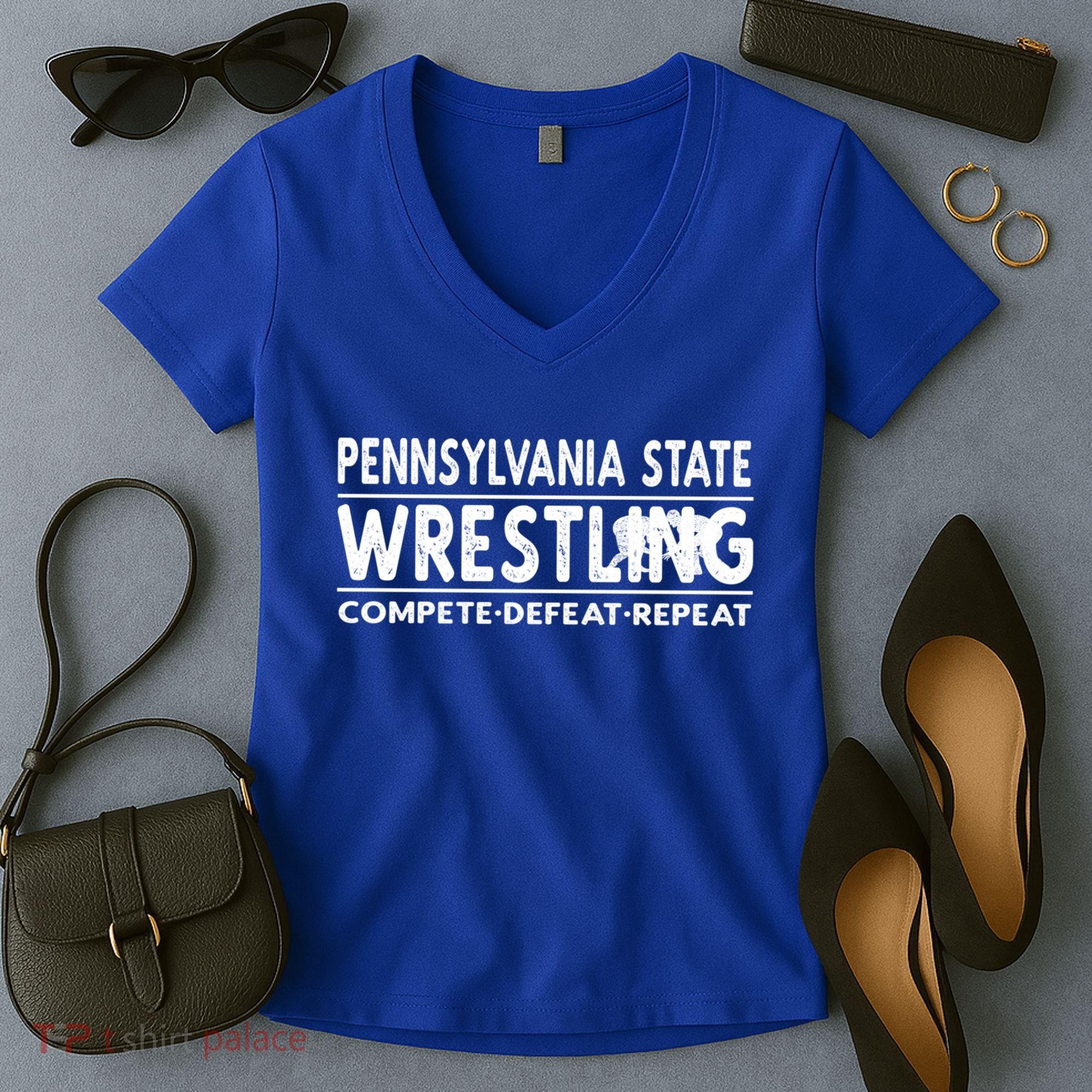 Pennsylvania State Wrestling Compete Defeat Repeat Gift Women's V-Neck T-Shirt