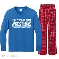 Pennsylvania State Wrestling Compete Defeat Repeat Gift Kids Long Sleeve Plaid Pajama Set thumb 0
