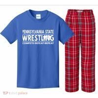 Pennsylvania State Wrestling Compete Defeat Repeat Gift Kids Plaid Pajama Set thumb 0