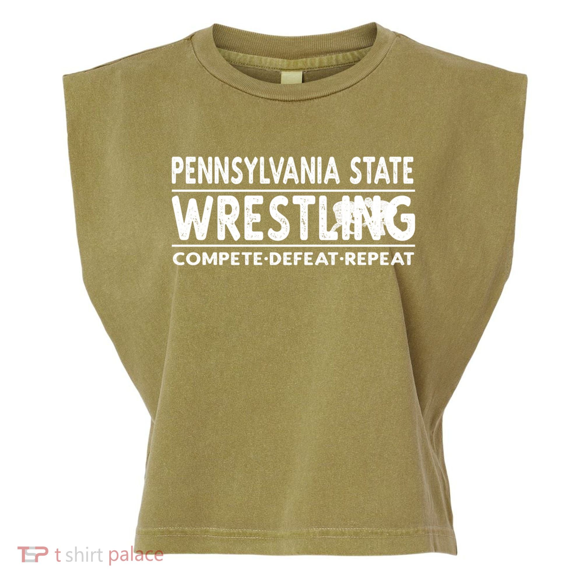 Pennsylvania State Wrestling Compete Defeat Repeat Gift Garment-Dyed Women's Muscle Tee