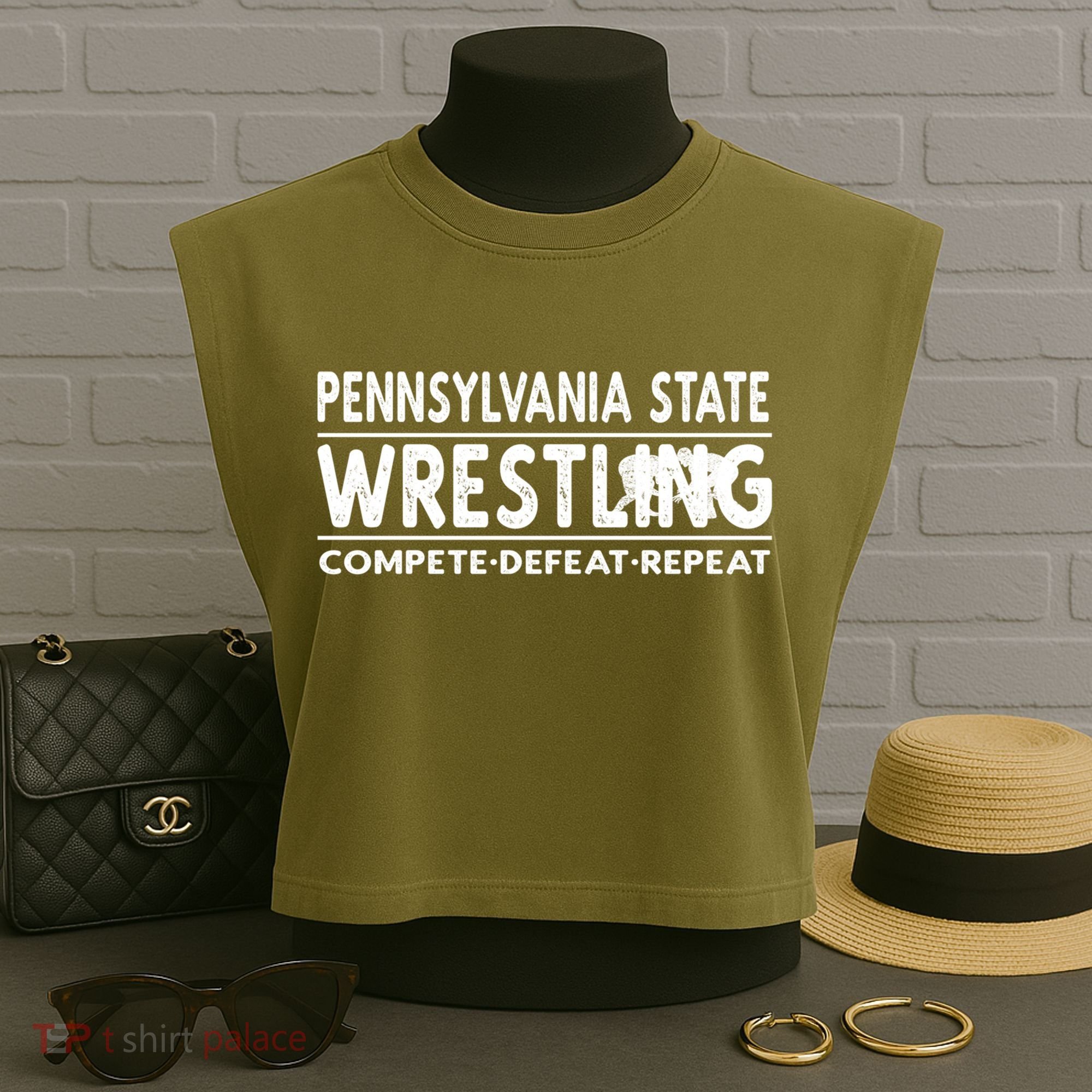 Pennsylvania State Wrestling Compete Defeat Repeat Gift Garment-Dyed Women's Muscle Tee