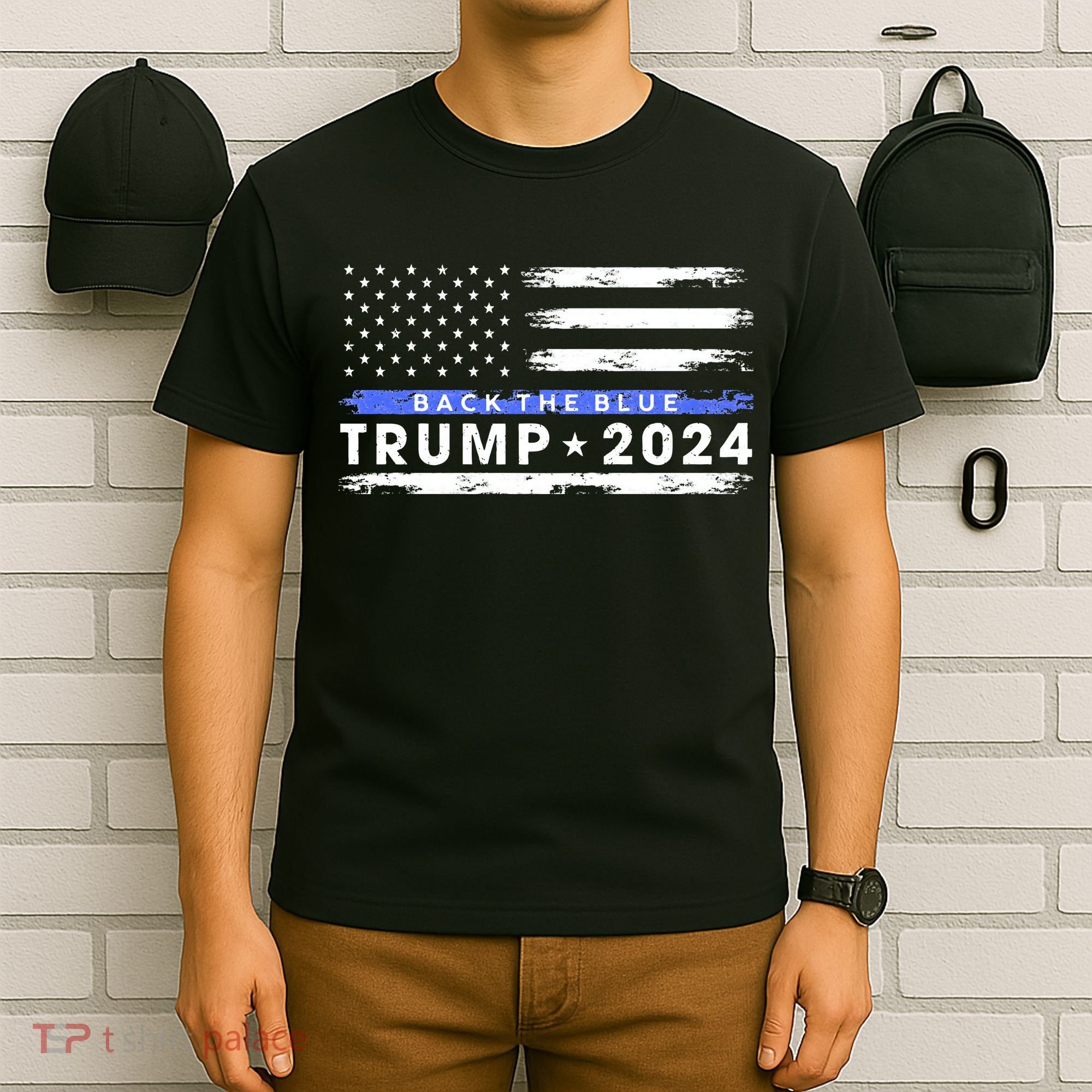 Pro Trump 2024 Back The Blue Thin Blue Line American Flag T-Shirt