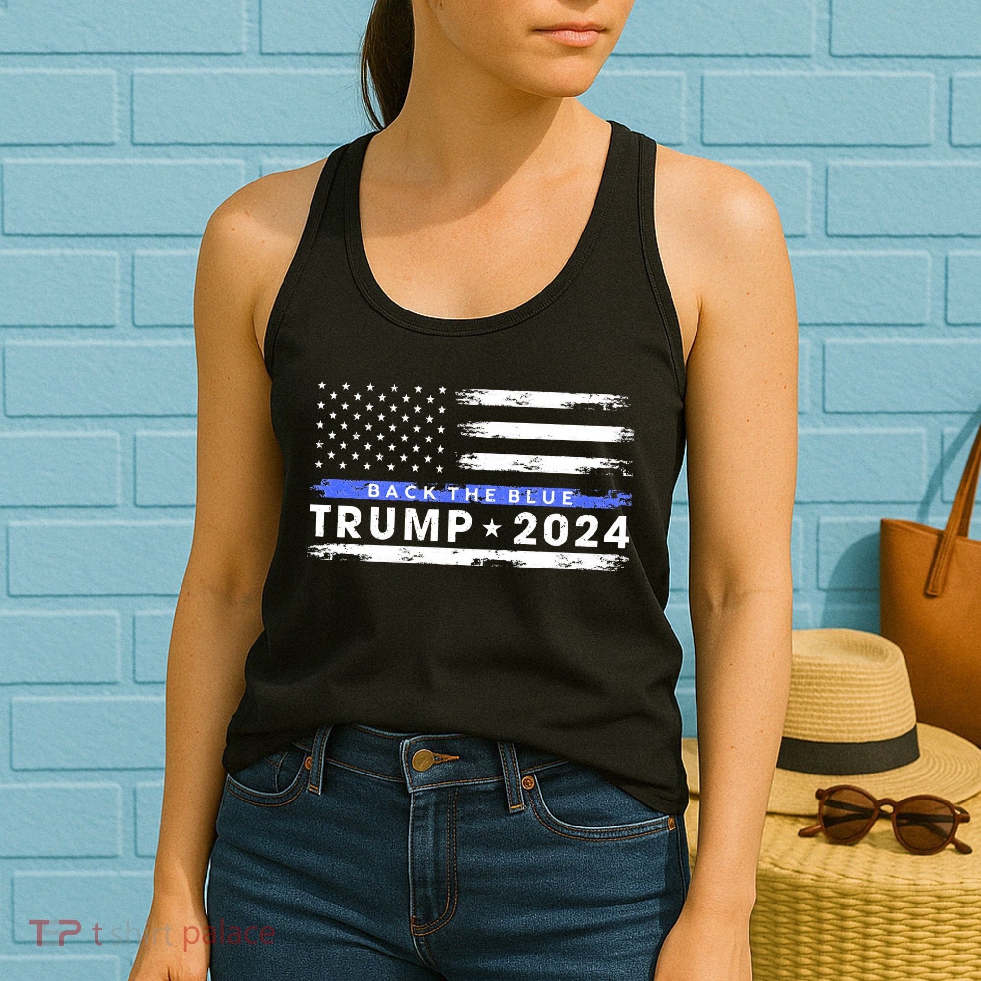 Pro Trump 2024 Back The Blue Thin Blue Line American Flag Women's Tank Top