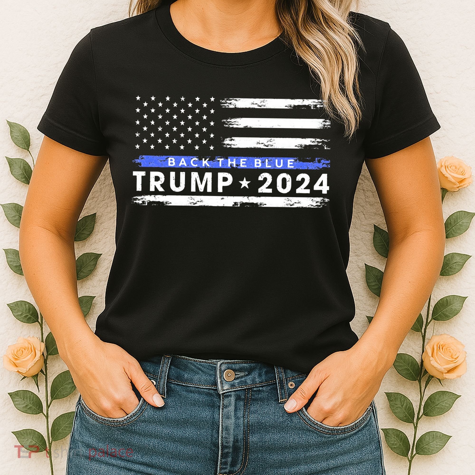 Pro Trump 2024 Back The Blue Thin Blue Line American Flag Women's T-Shirt