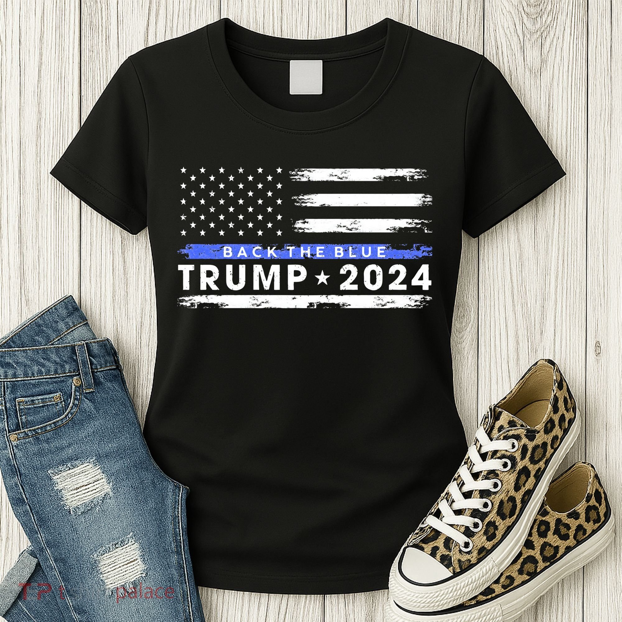 Pro Trump 2024 Back The Blue Thin Blue Line American Flag Women's T-Shirt