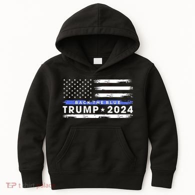 Pro Trump 2024 Back The Blue Thin Blue Line American Flag Kids Hoodie