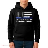 Pro Trump 2024 Back The Blue Thin Blue Line American Flag Kids Hoodie thumb 4