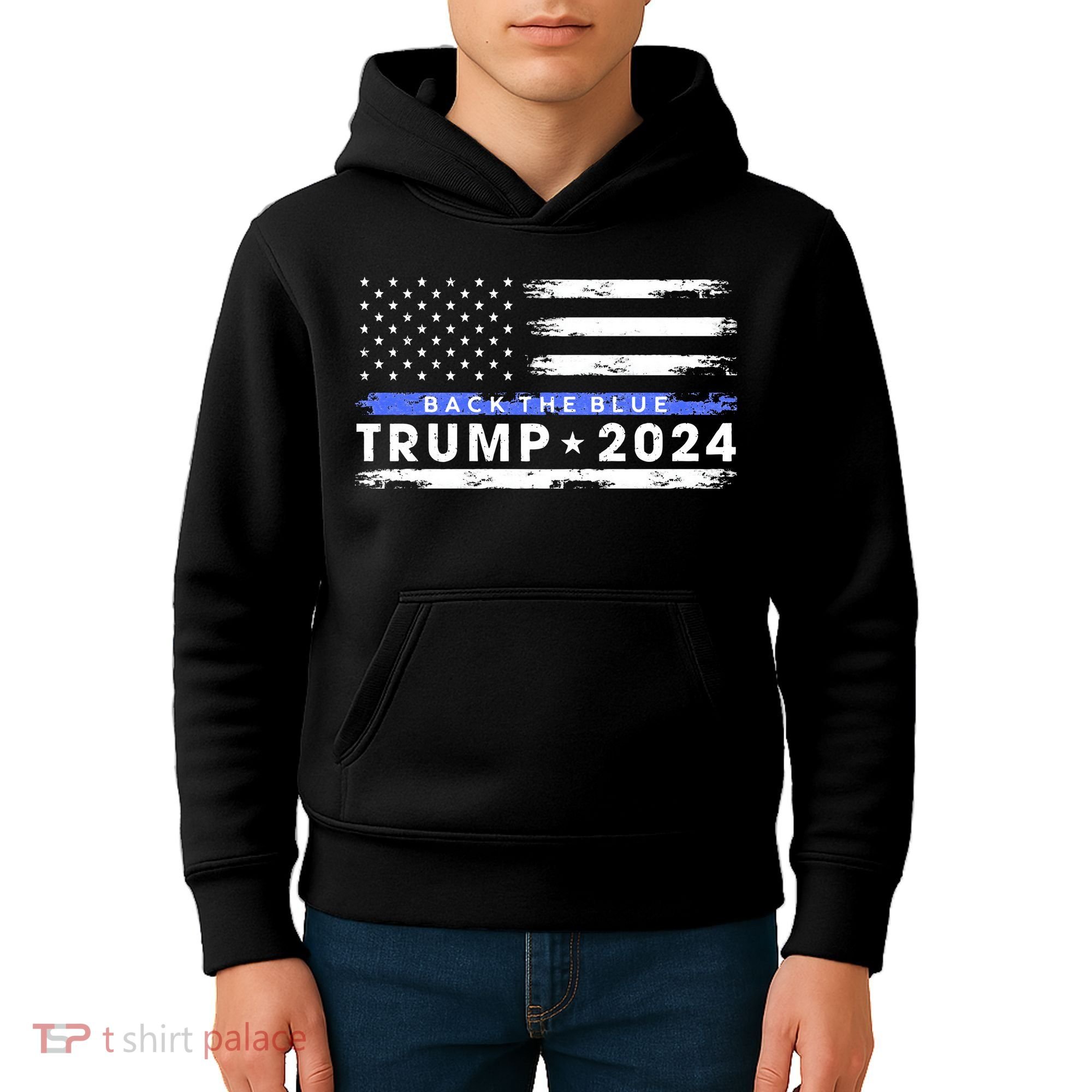 Pro Trump 2024 Back The Blue Thin Blue Line American Flag Kids Hoodie