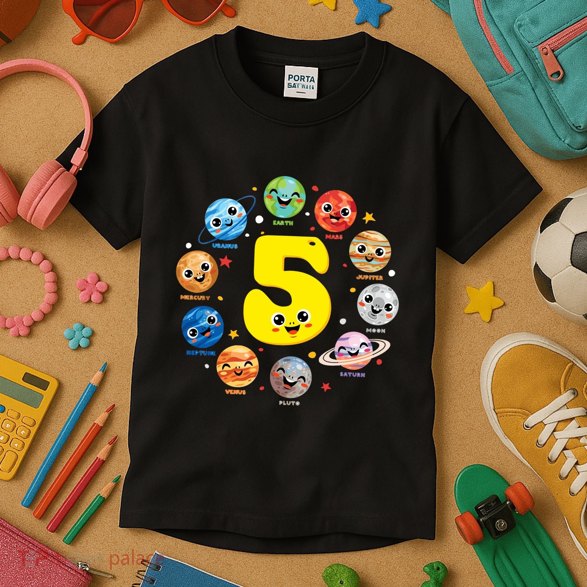 Planets Three 5 Years Old 5th Birthday Boy And Girl Kids T-Shirt