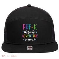 Pre-K Teacher Adventure Begins First Day Preschool Teachers 7 Panel Mesh Trucker Snapback Hat thumb 0
