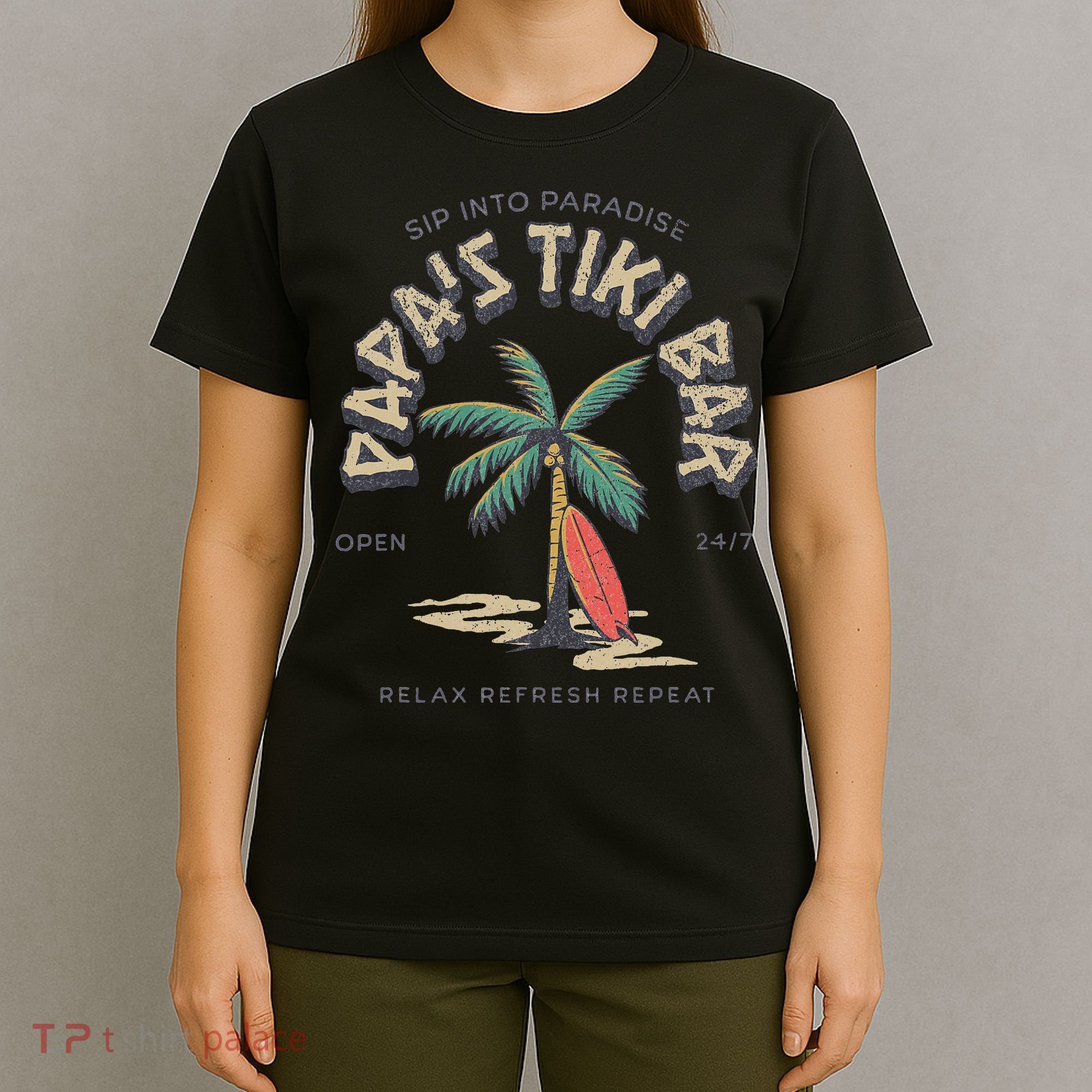Papa's Tiki Bar Vintage Surfboard Dad Palm Tree Beach Funny T-Shirt