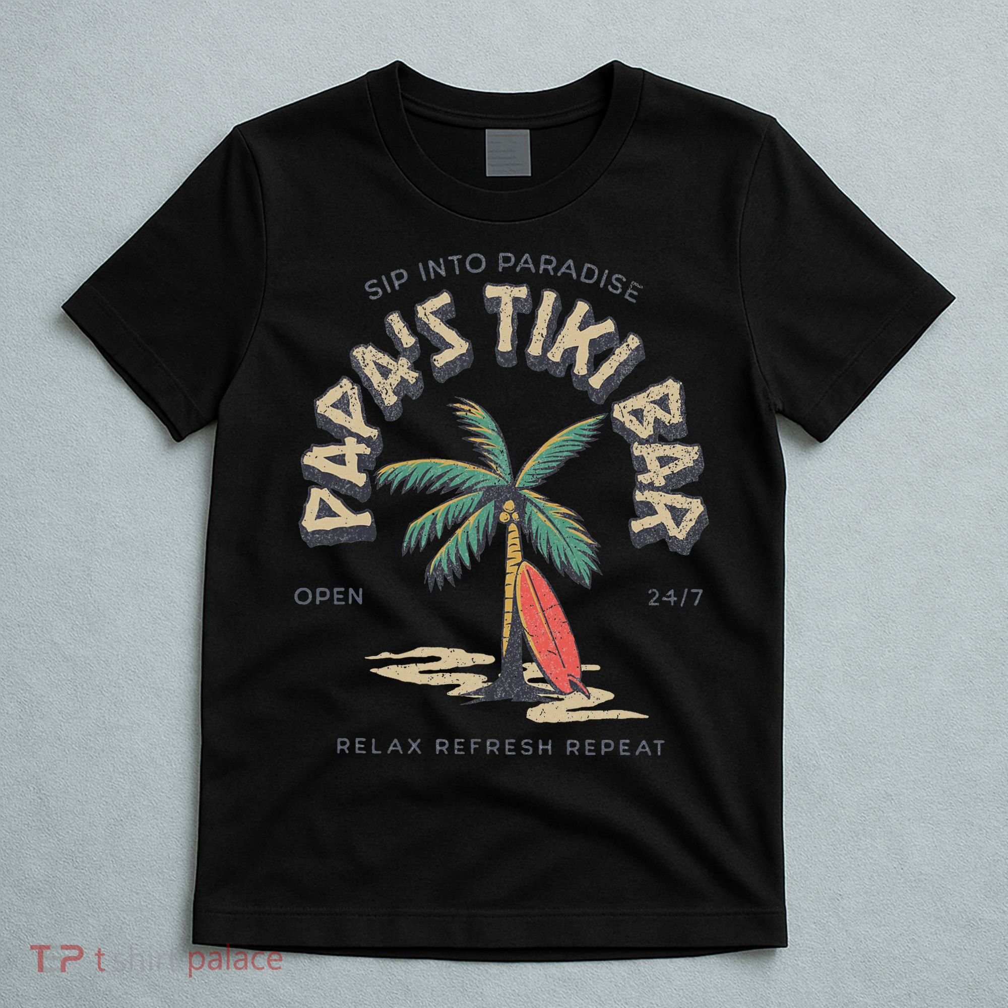 Papa's Tiki Bar Vintage Surfboard Dad Palm Tree Beach Funny T-Shirt