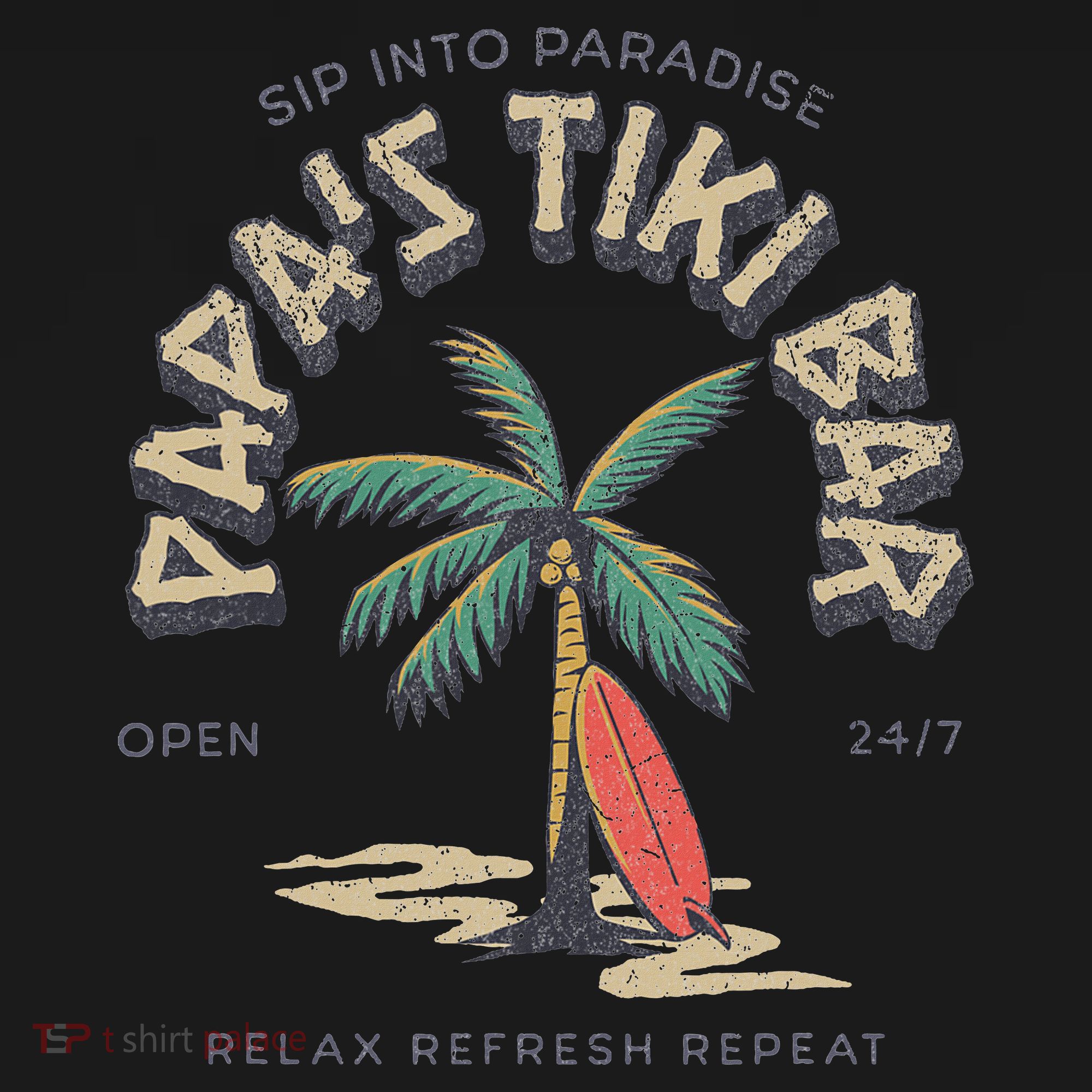 Papa's Tiki Bar Vintage Surfboard Dad Palm Tree Beach Funny T-Shirt