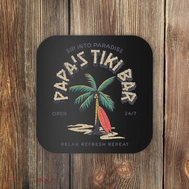 Papa's Tiki Bar Vintage Surfboard Dad Palm Tree Beach Funny Coaster