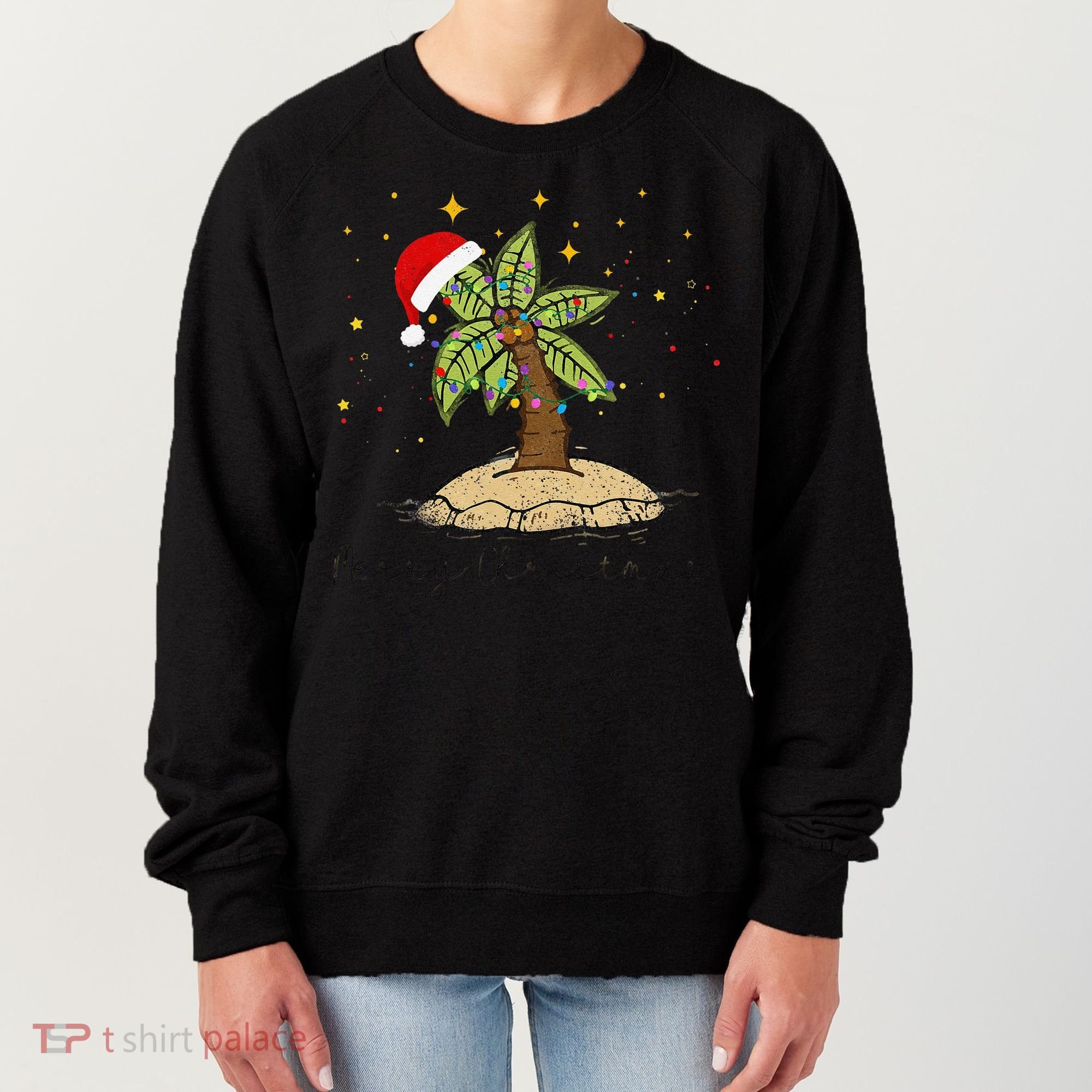 Palm Tree Christmas Light Santa Hawaiian Beach Xmas Women's Sweatshirt