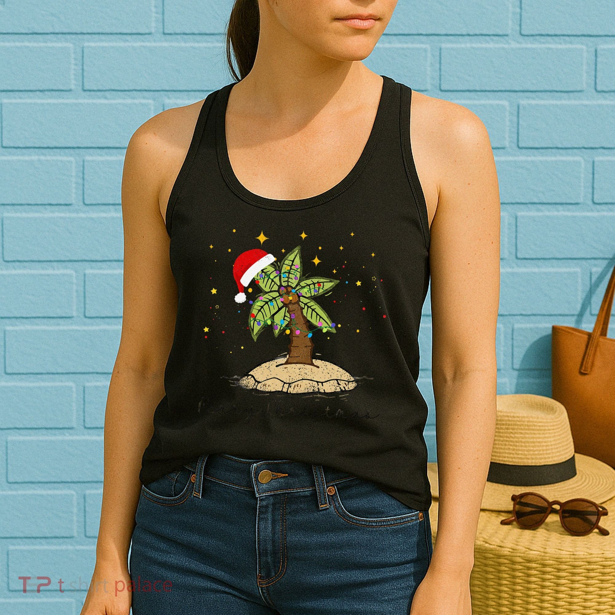 Palm Tree Christmas Light Santa Hawaiian Beach Xmas Women's Tank Top