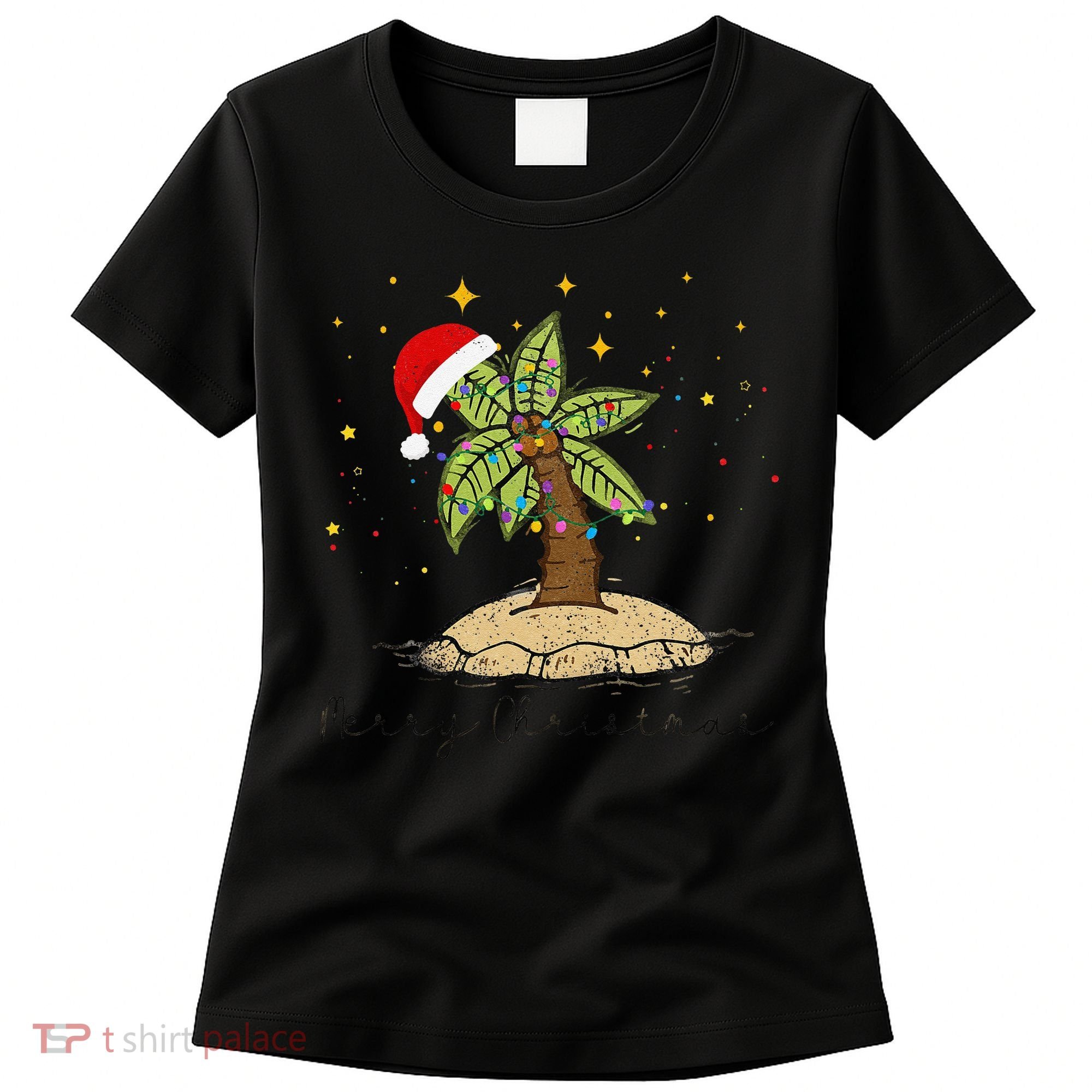 Palm Tree Christmas Light Santa Hawaiian Beach Xmas Women's T-Shirt