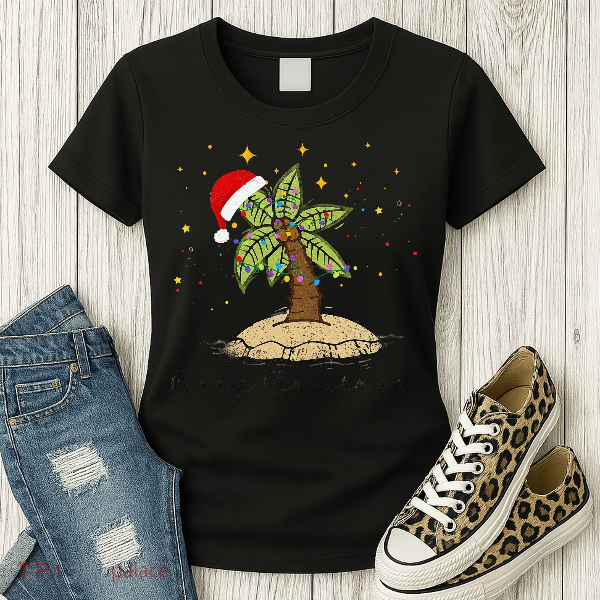 Palm Tree Christmas Light Santa Hawaiian Beach Xmas Women's T-Shirt