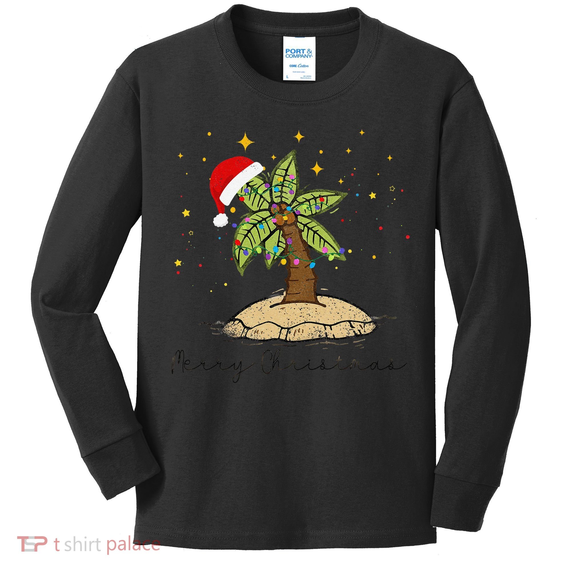 Palm Tree Christmas Light Santa Hawaiian Beach Xmas Kids Long Sleeve Shirt