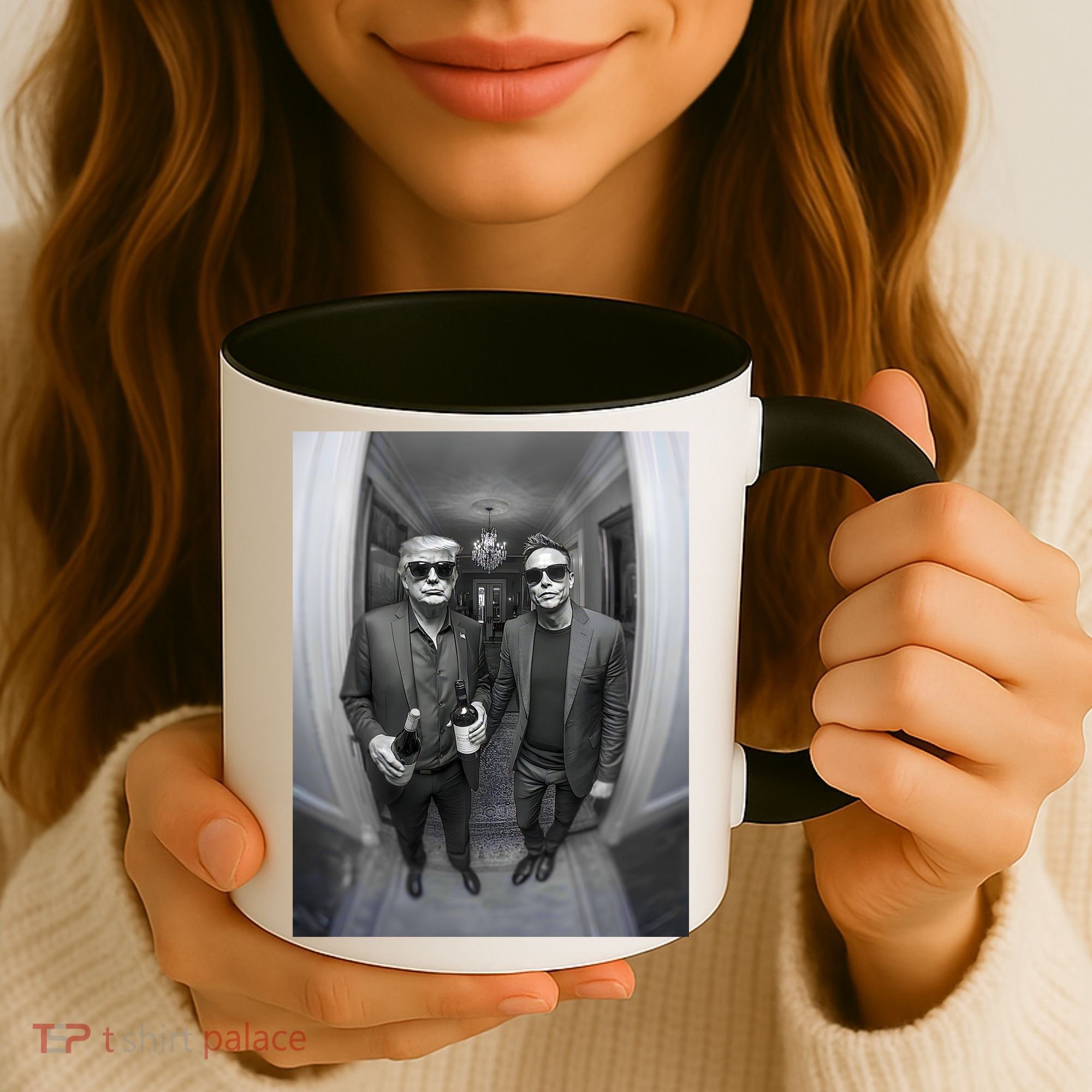 President Trump Elon Musk Funny Meme Knocking On Door Coffee Mug